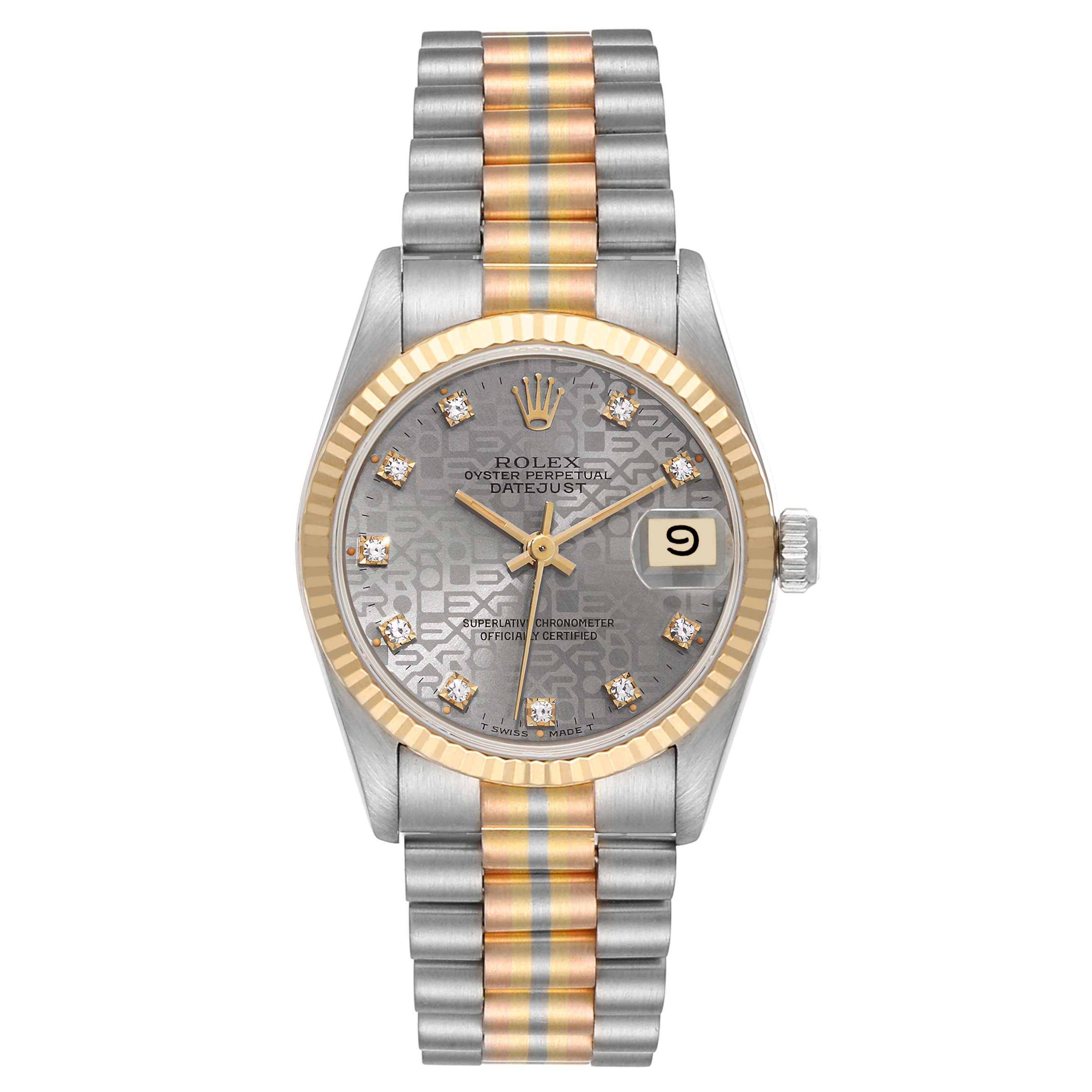 The image shows a frontal view of a Rolex President 68279 Women's White Gold Silver Dial 68279 Women's White Gold Silver Dial model watch, highlighting the dial, bezel, and bracelet.