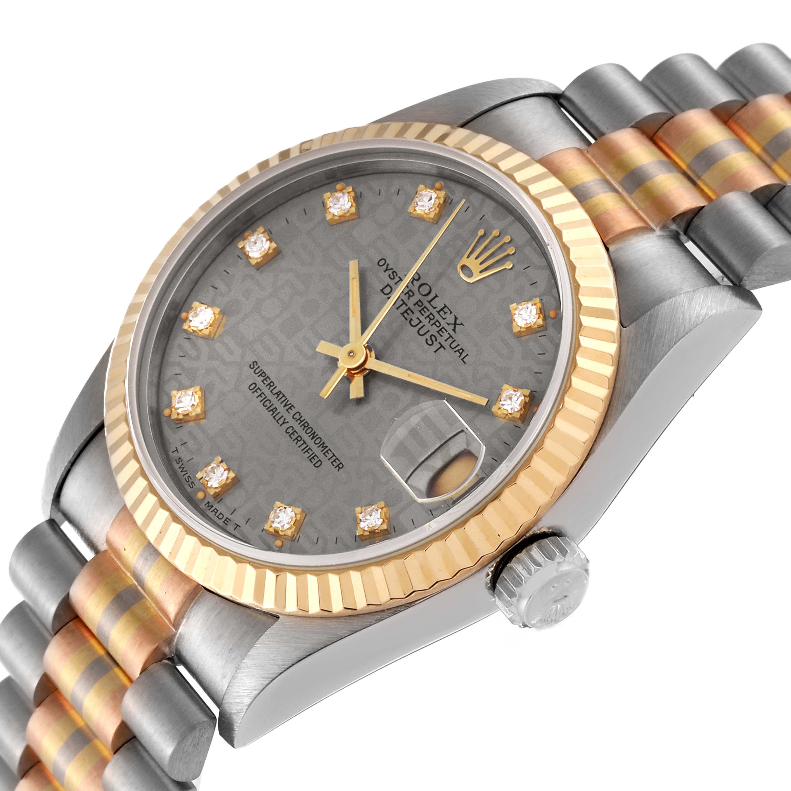 This image shows a close-up angle of a Rolex President 68279 Women's White Gold Silver Dial 68279 Women's White Gold Silver Dial model watch, highlighting the dial, bezel, and part of the bracelet.