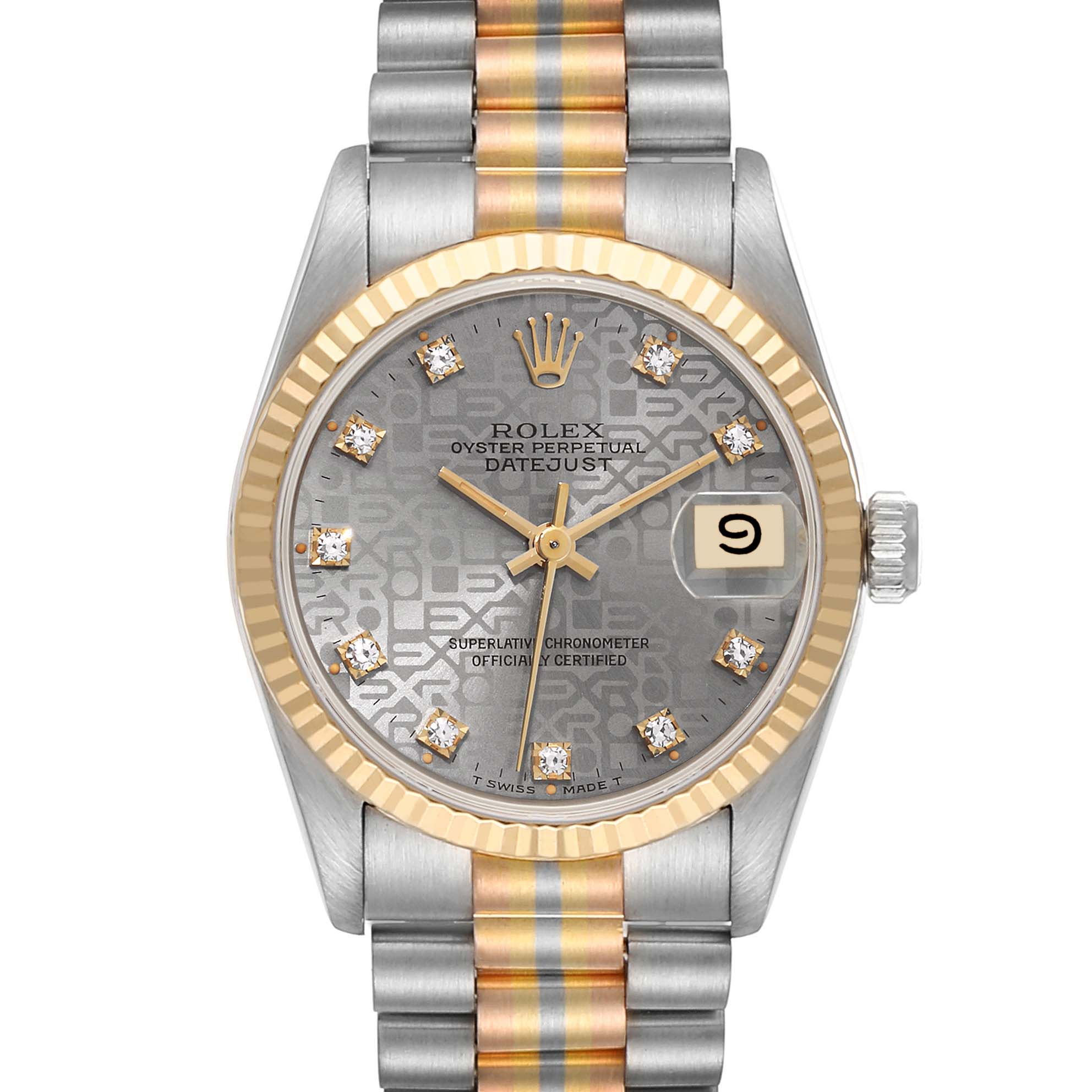 This image shows a front view of a Rolex President 68279 Women's White Gold Silver Dial 68279 Women's White Gold Silver Dial model watch, highlighting its bezel, dial, date window, and bracelet.