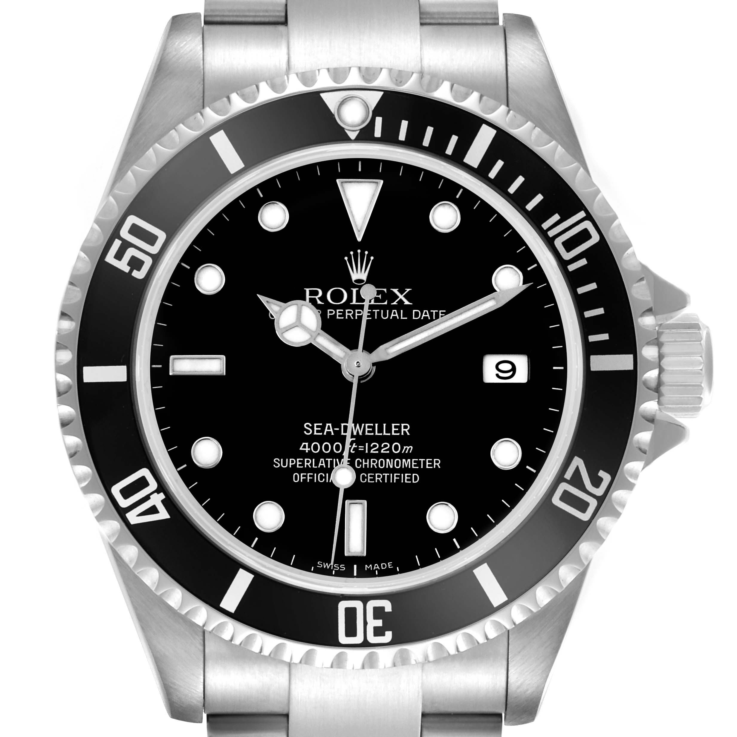 The image shows a front view of the Rolex Sea-Dweller 16600 Men's Stainless Steel Black Dial 16600 Men's Stainless Steel Black Dial watch, highlighting the dial, bezel, and part of the bracelet.