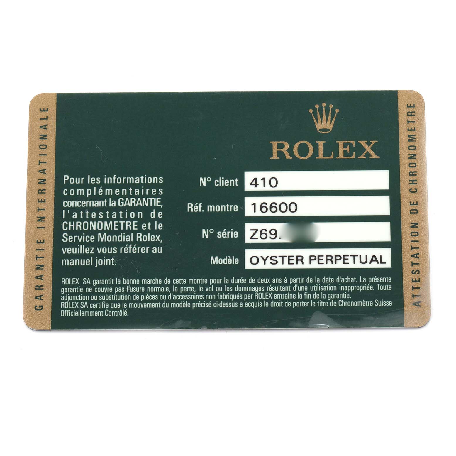 The image shows a warranty card for a Rolex Sea-Dweller 16600 Men's Stainless Steel Black Dial 16600 Men's Stainless Steel Black Dial model, featuring details like client number and watch reference.