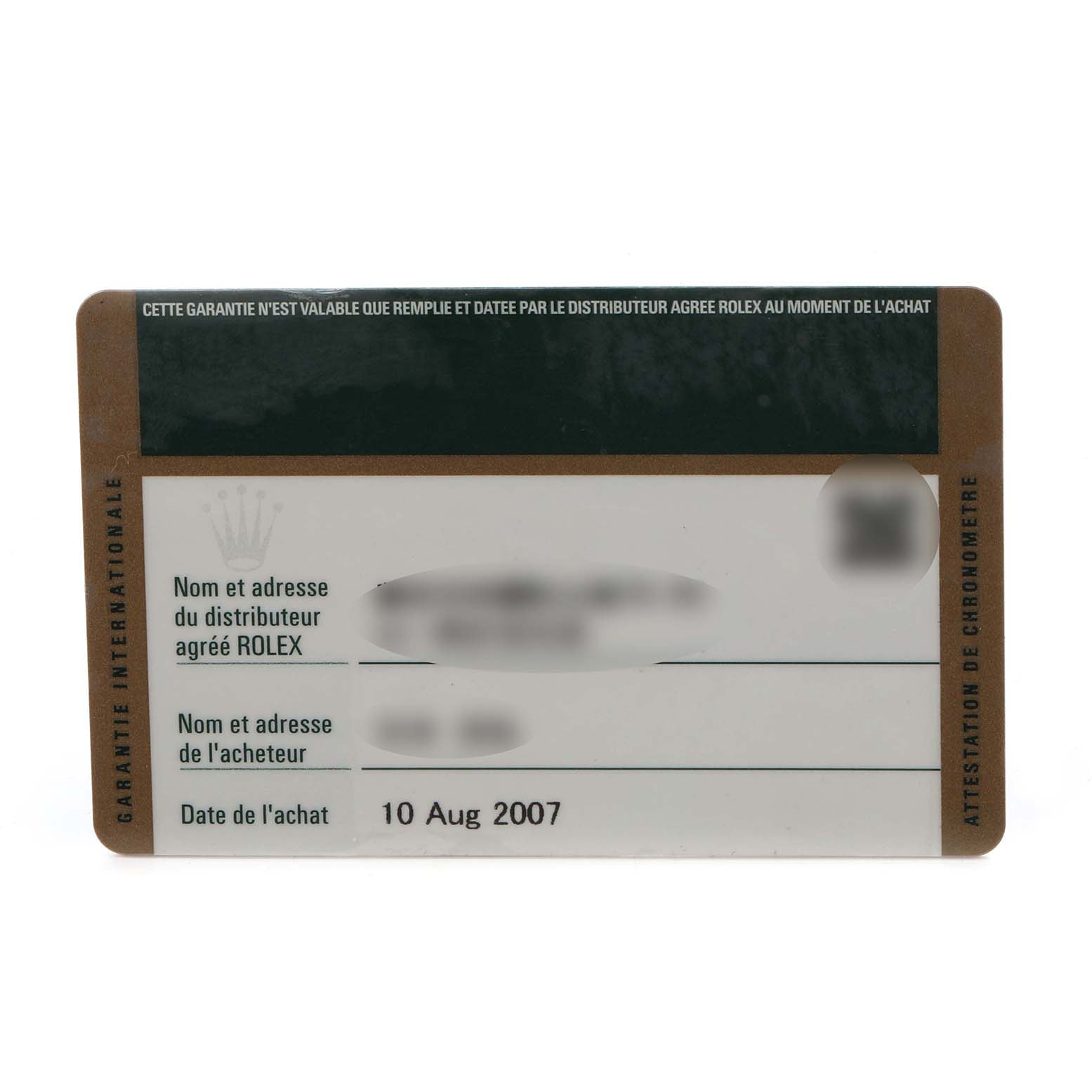 The image shows a warranty card for a Rolex Sea-Dweller 16600 Men's Stainless Steel Black Dial 16600 Men's Stainless Steel Black Dial watch, displaying purchase details and dealer information.