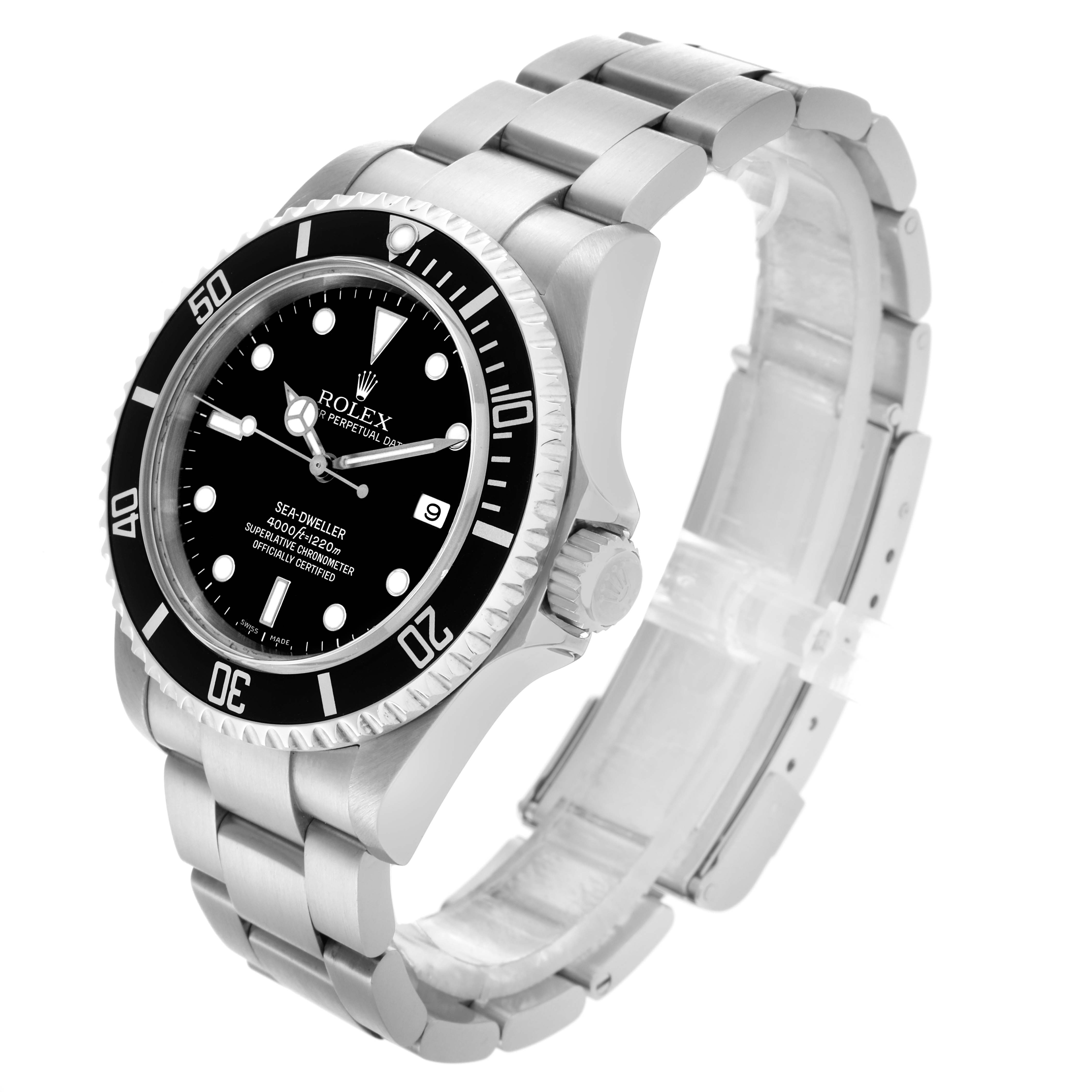 The Rolex Sea-Dweller 16600 Men's Stainless Steel Black Dial 16600 Men's Stainless Steel Black Dial watch is shown at an angled side view, highlighting the face, bezel, and bracelet.