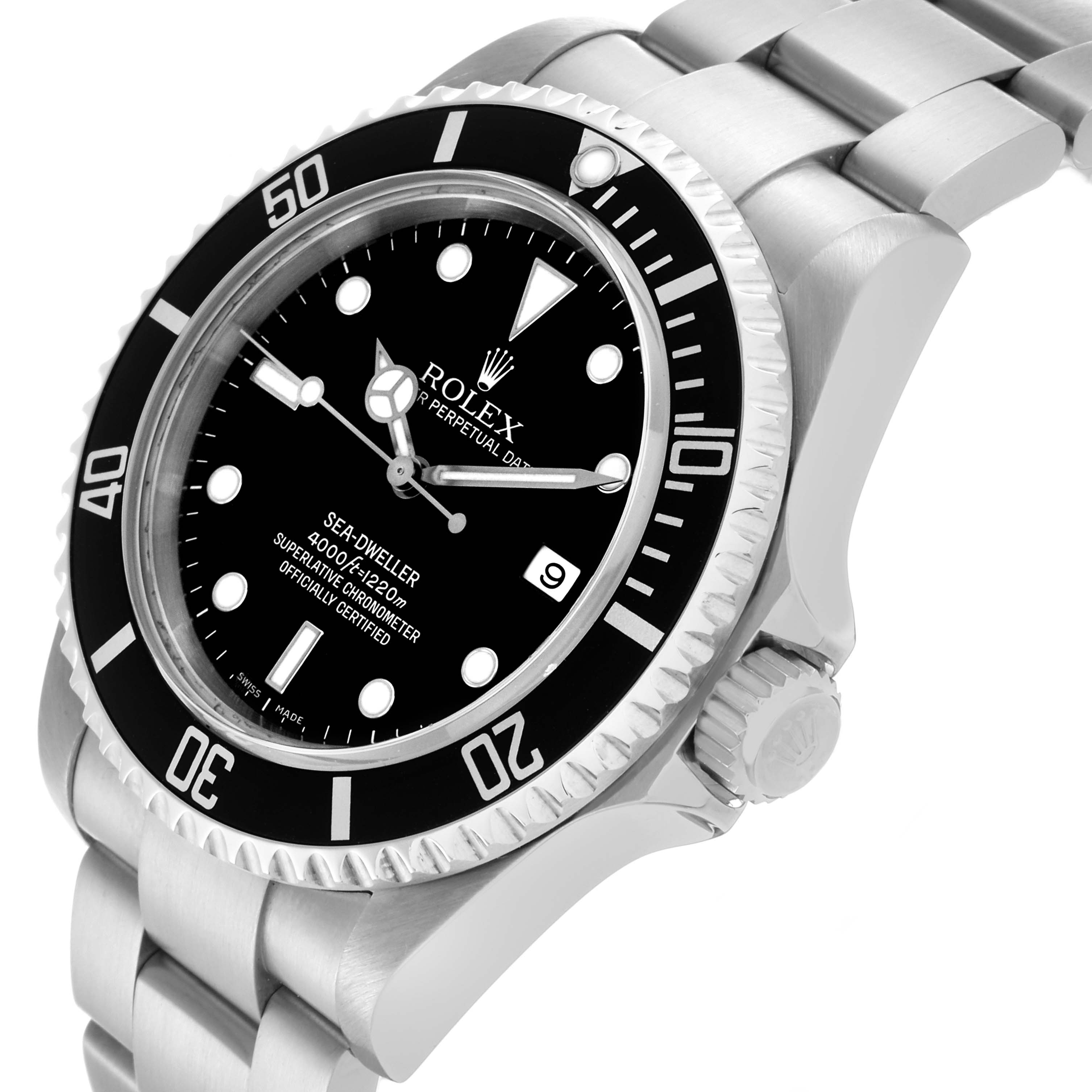 The Rolex Sea-Dweller 16600 Men's Stainless Steel Black Dial 16600 Men's Stainless Steel Black Dial is shown at an angle highlighting the dial, bezel, crown, and bracelet.
