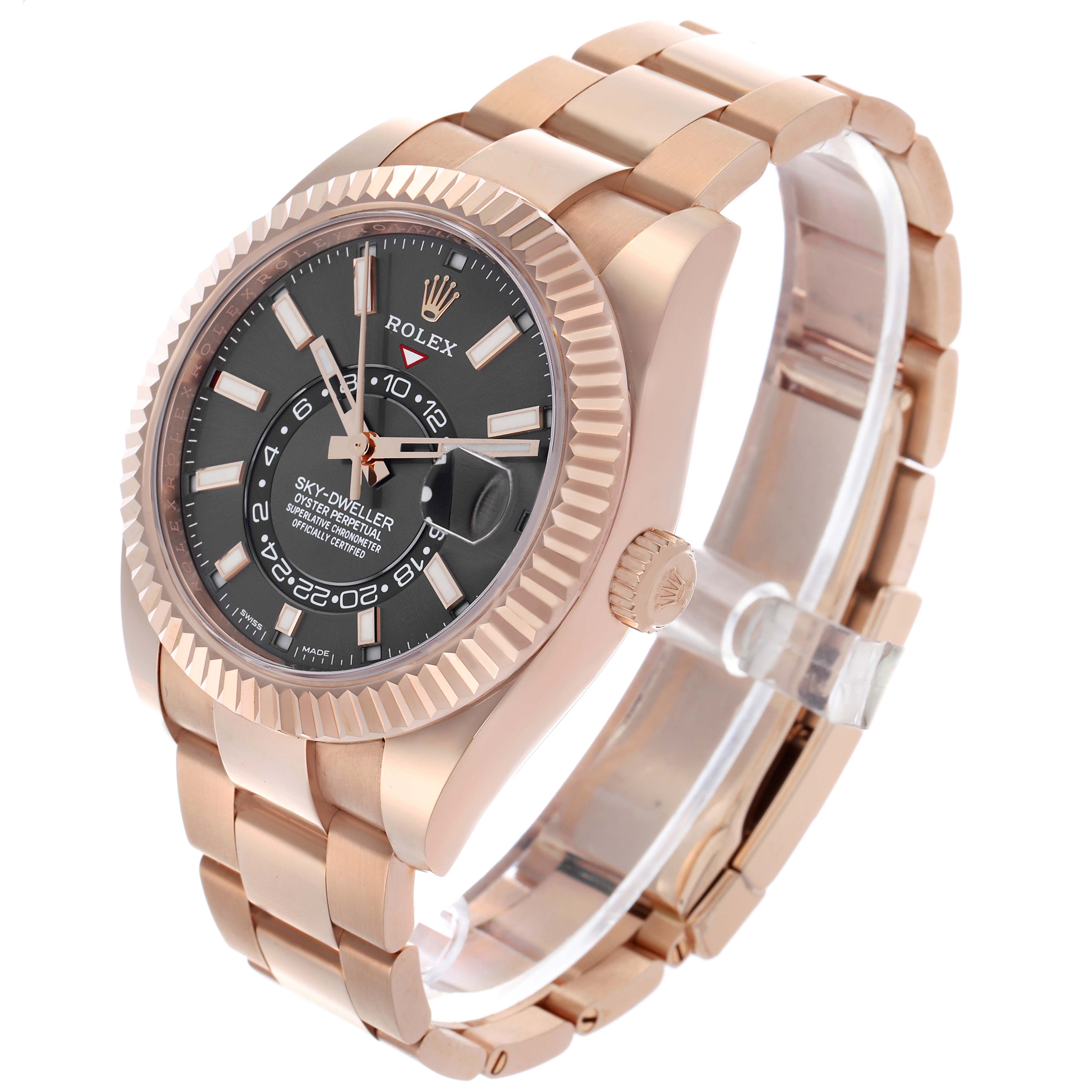 The Rolex Sky-Dweller M326935-0004 Men's Rose Gold Grey Dial M326935-0004 Men's Rose Gold Grey Dial watch is shown at a three-quarter angle, highlighting the face, bezel, crown, and band.