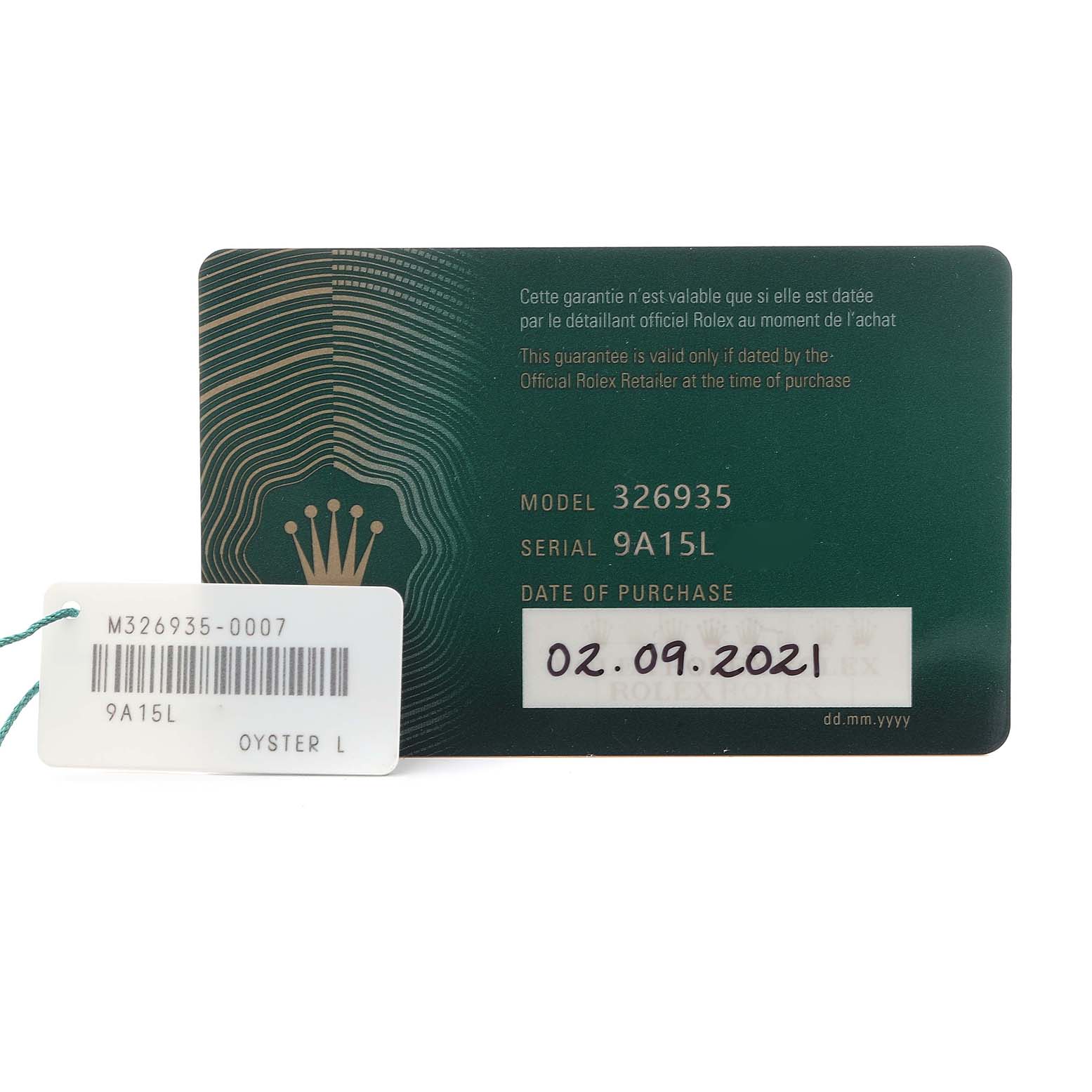 The image shows a warranty card and a tag for the Rolex Sky-Dweller M326935-0004 Men's Rose Gold Grey Dial M326935-0004 Men's Rose Gold Grey Dial model, with model, serial number, and purchase date visible.
