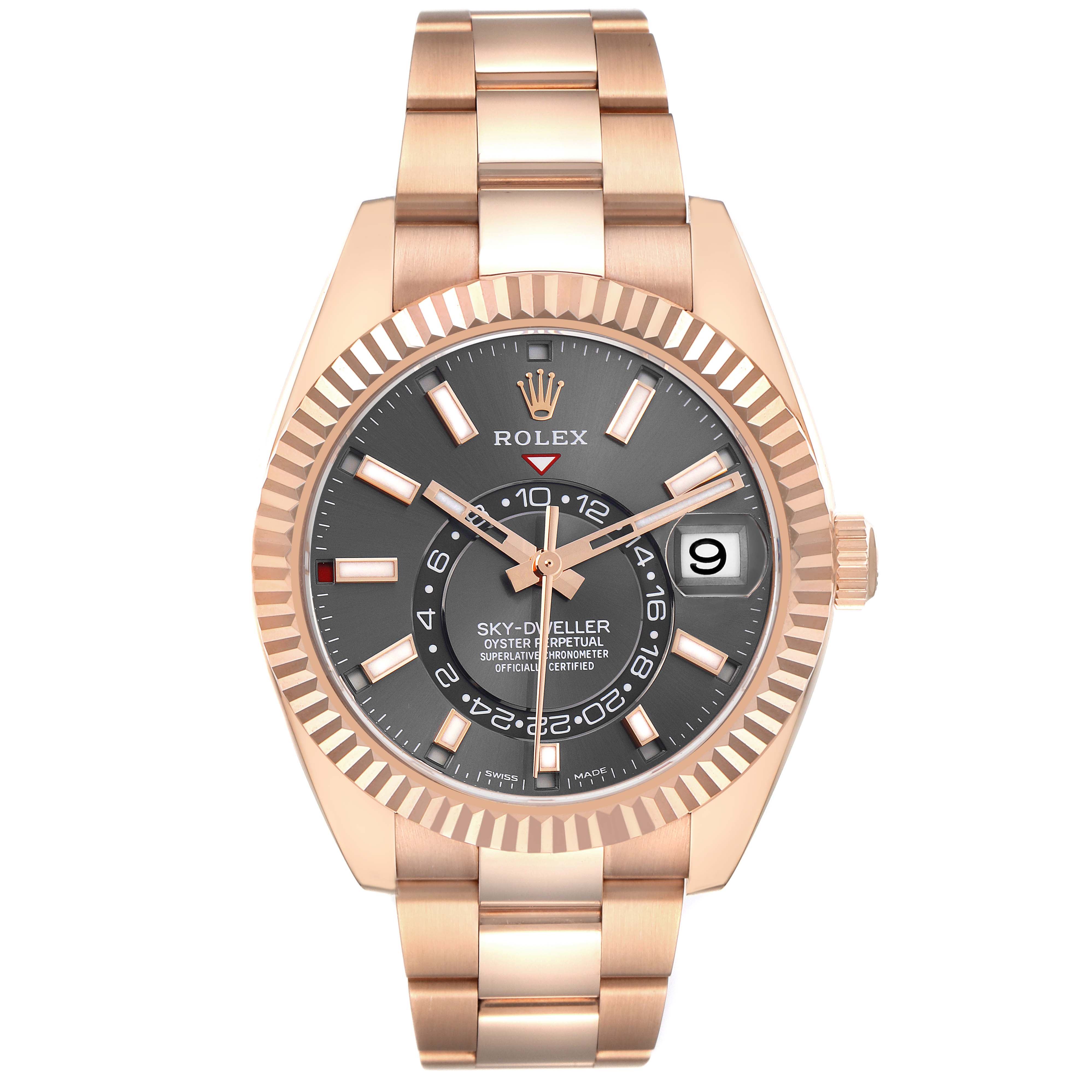 The Rolex Sky-Dweller M326935-0004 Men's Rose Gold Grey Dial M326935-0004 Men's Rose Gold Grey Dial watch is shown from a front angle, displaying the dial, bezel, and bracelet.