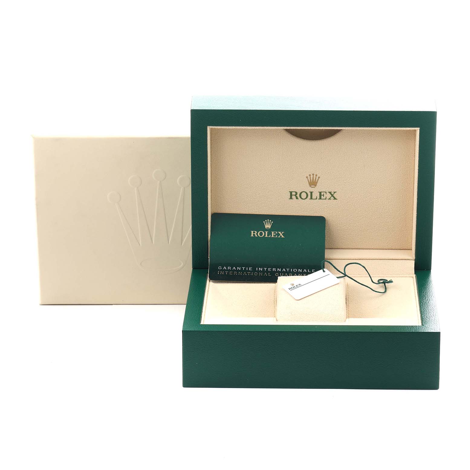 The image shows a Rolex Sky-Dweller M326935-0004 Men's Rose Gold Grey Dial M326935-0004 Men's Rose Gold Grey Dial watch box open, displaying a warranty card and tag inside.