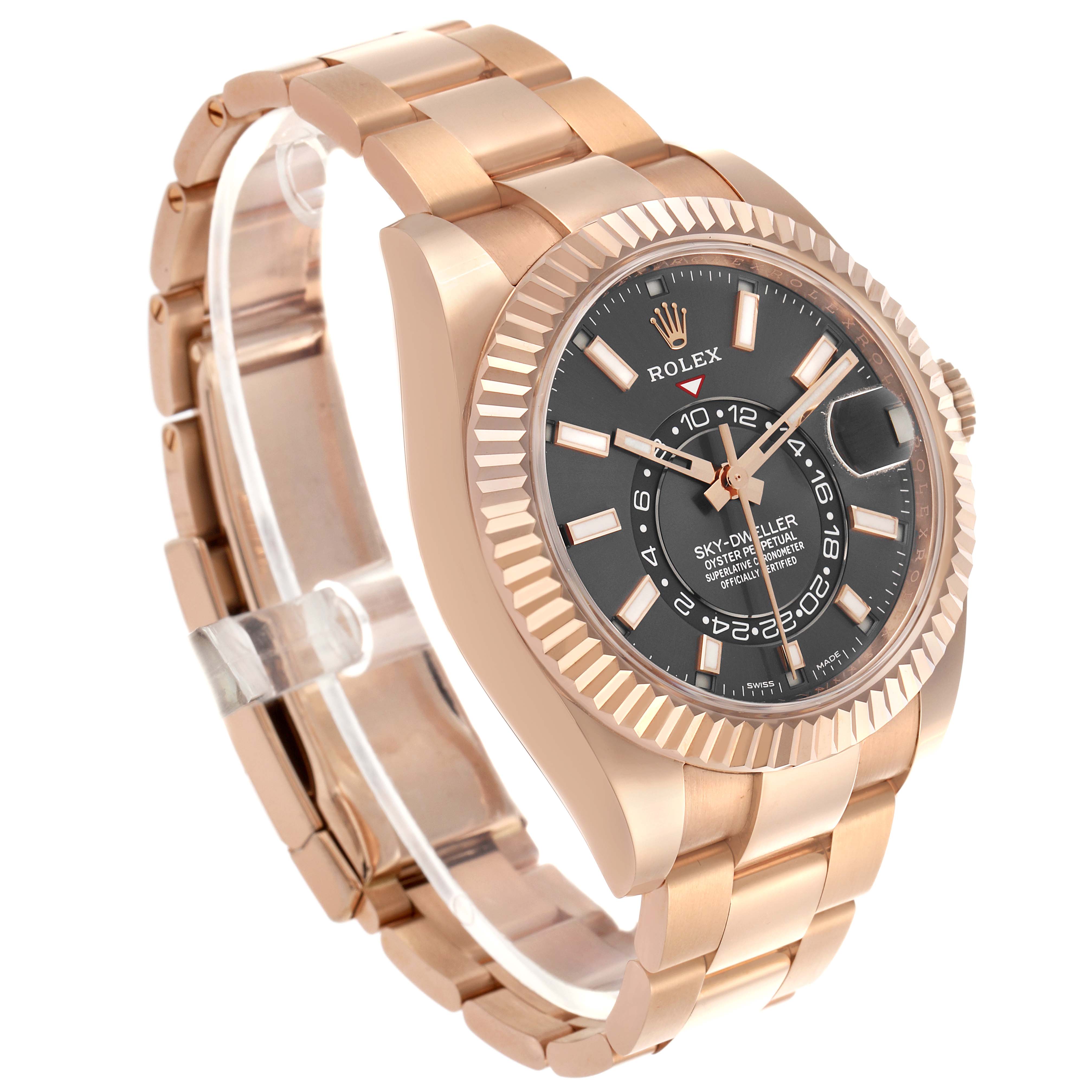 The Rolex Sky-Dweller M326935-0004 Men's Rose Gold Grey Dial M326935-0004 Men's Rose Gold Grey Dial watch is shown at a three-quarter angle highlighting the face, bezel, crown, and bracelet.