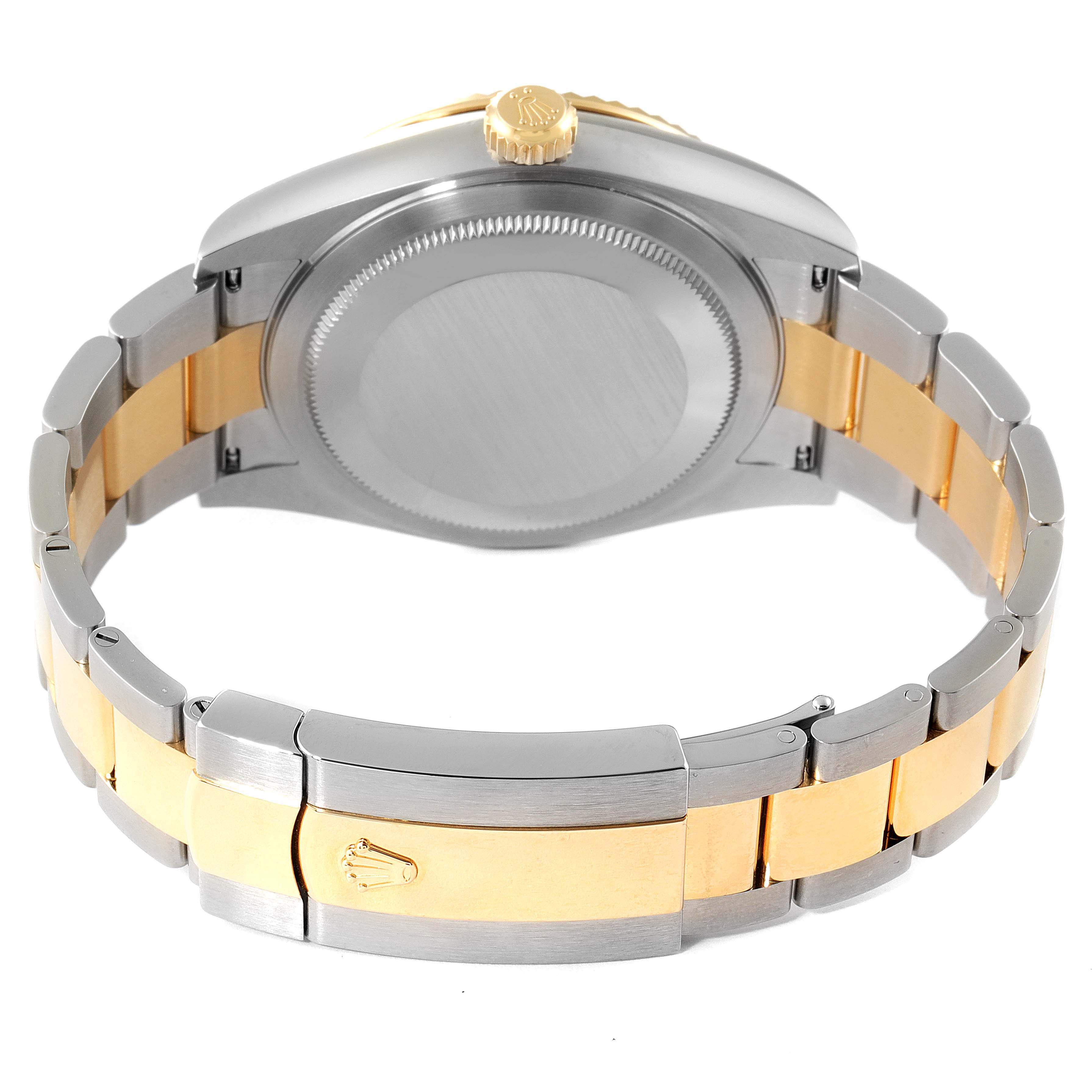 This image shows the back view and bracelet of a Rolex Sky-Dweller 326933 Men's Steel and Gold (two tone) Champagne Dial 326933 Men's Steel and Gold (two tone) Champagne Dial watch, highlighting the clasp and gold accents.