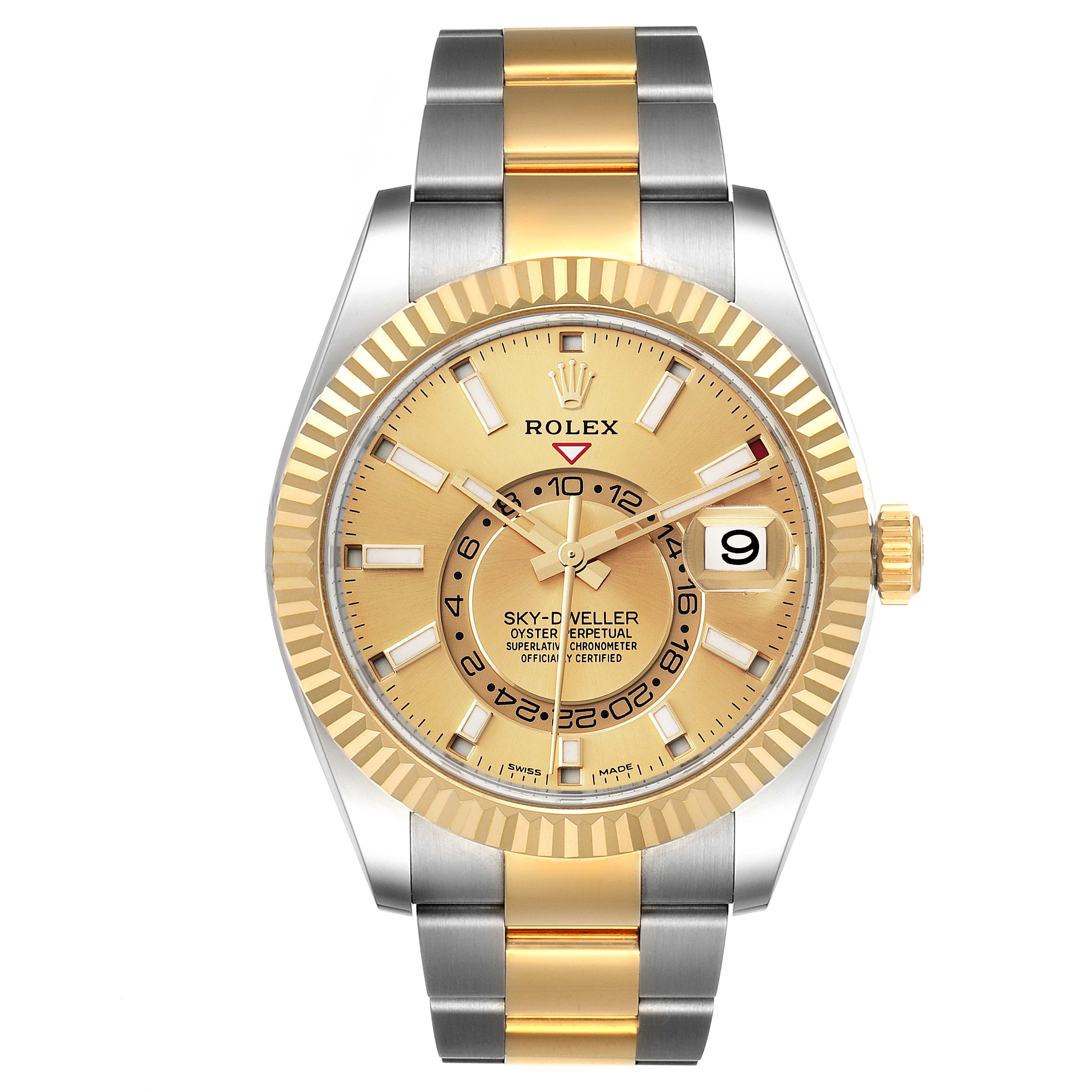 The image shows a front view of the Rolex Sky-Dweller 326933 Men's Steel and Gold (two tone) Champagne Dial 326933 Men's Steel and Gold (two tone) Champagne Dial watch, highlighting its dial, bezel, and bracelet.