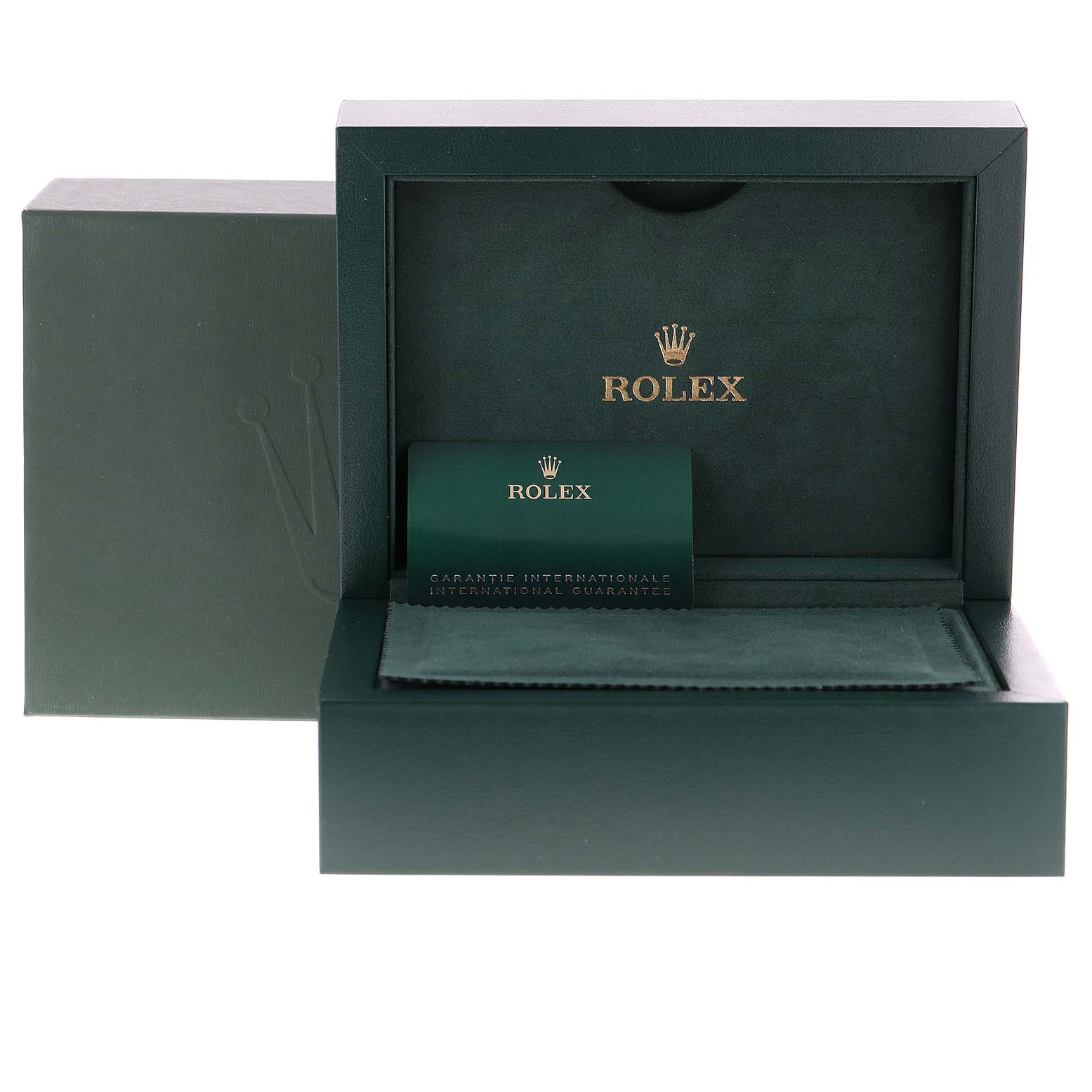 The image shows the open box and international guarantee card for a Rolex Sky-Dweller 326933 Men's Steel and Gold (two tone) Champagne Dial 326933 Men's Steel and Gold (two tone) Champagne Dial watch.
