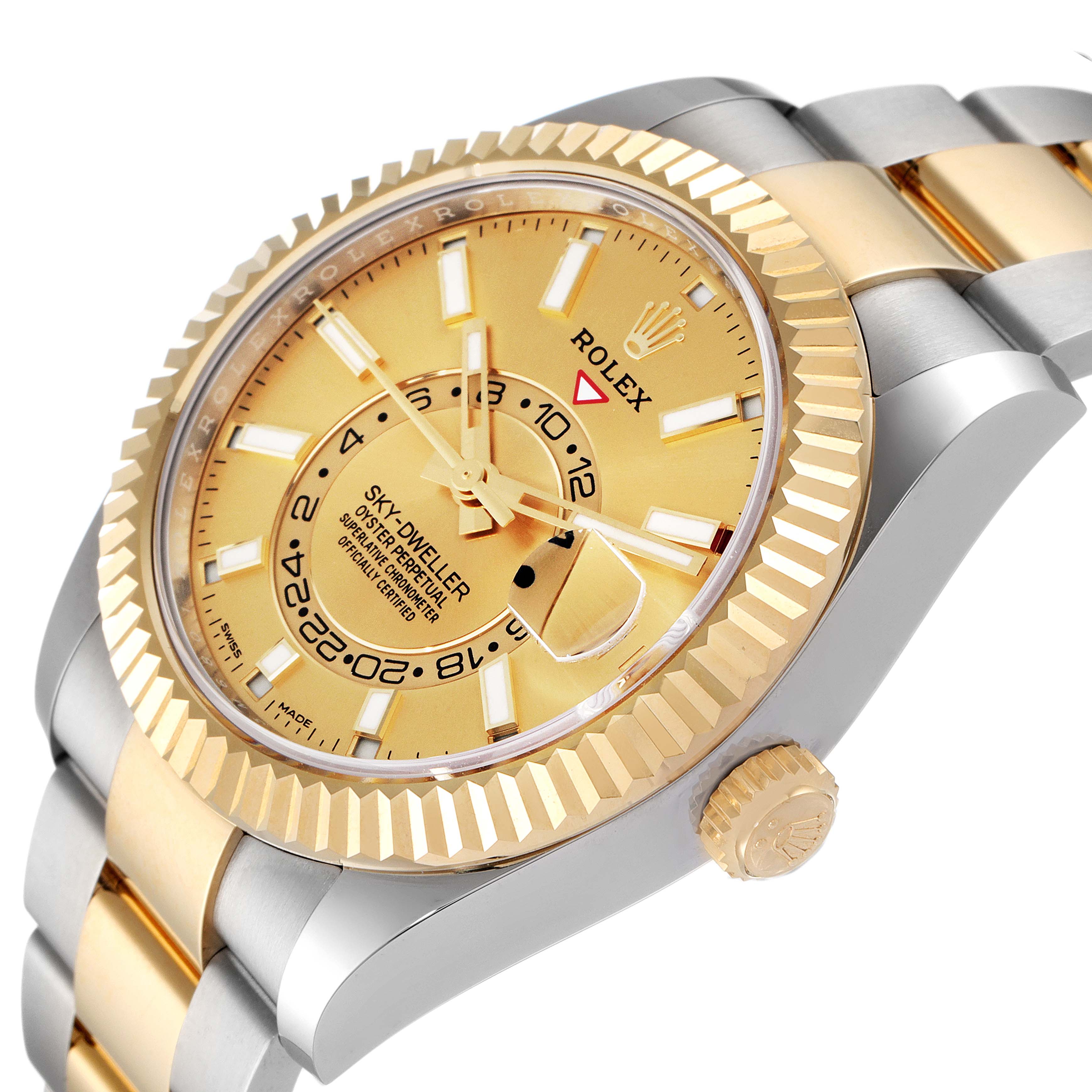 This image shows a close-up view of the Rolex Sky-Dweller 326933 Men's Steel and Gold (two tone) Champagne Dial 326933 Men's Steel and Gold (two tone) Champagne Dial watch, highlighting its dial, bezel, and part of the bracelet.