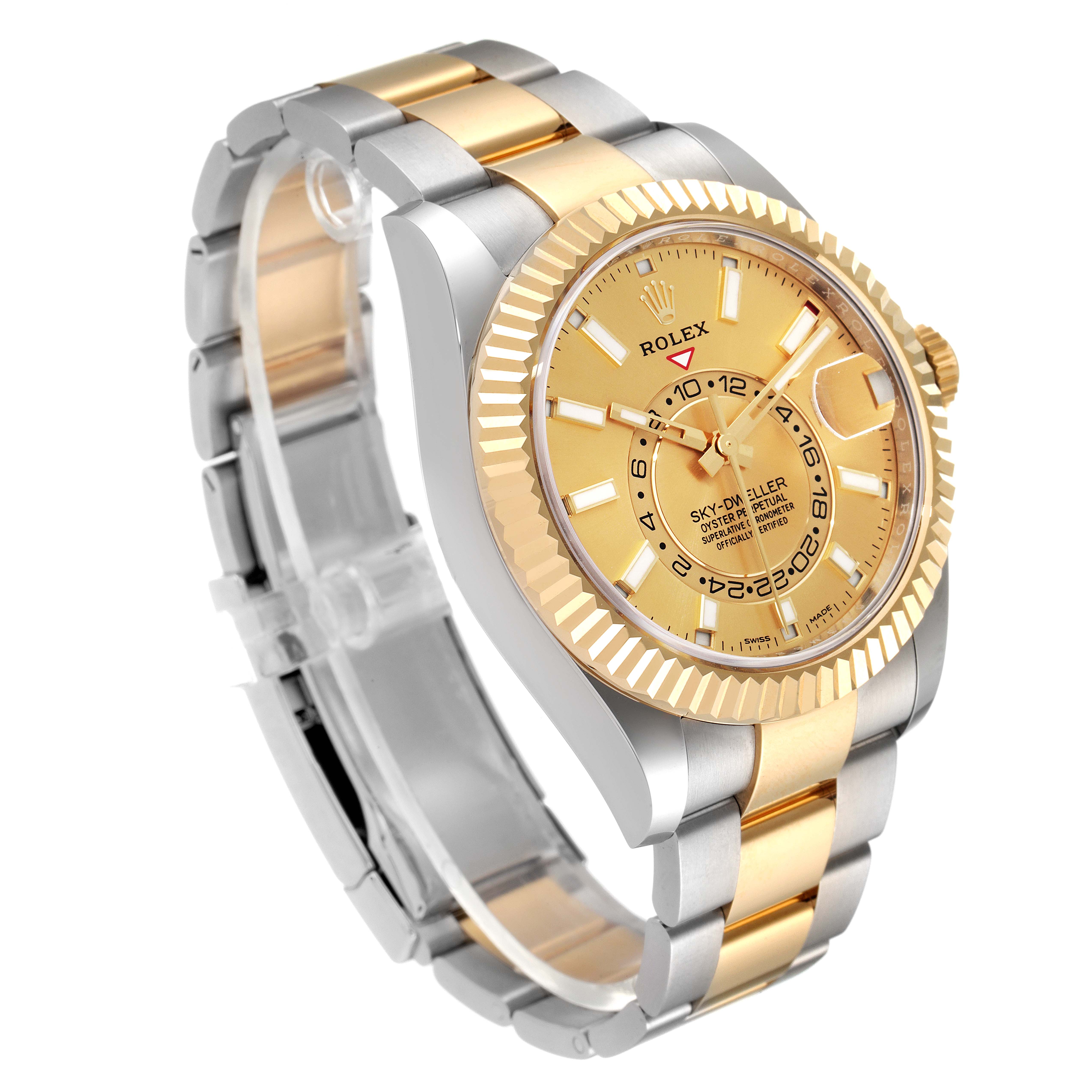 The image shows a Rolex Sky-Dweller 326933 Men's Steel and Gold (two tone) Champagne Dial 326933 Men's Steel and Gold (two tone) Champagne Dial watch at an angled side view, highlighting its gold dial, bezel, and two-tone bracelet.