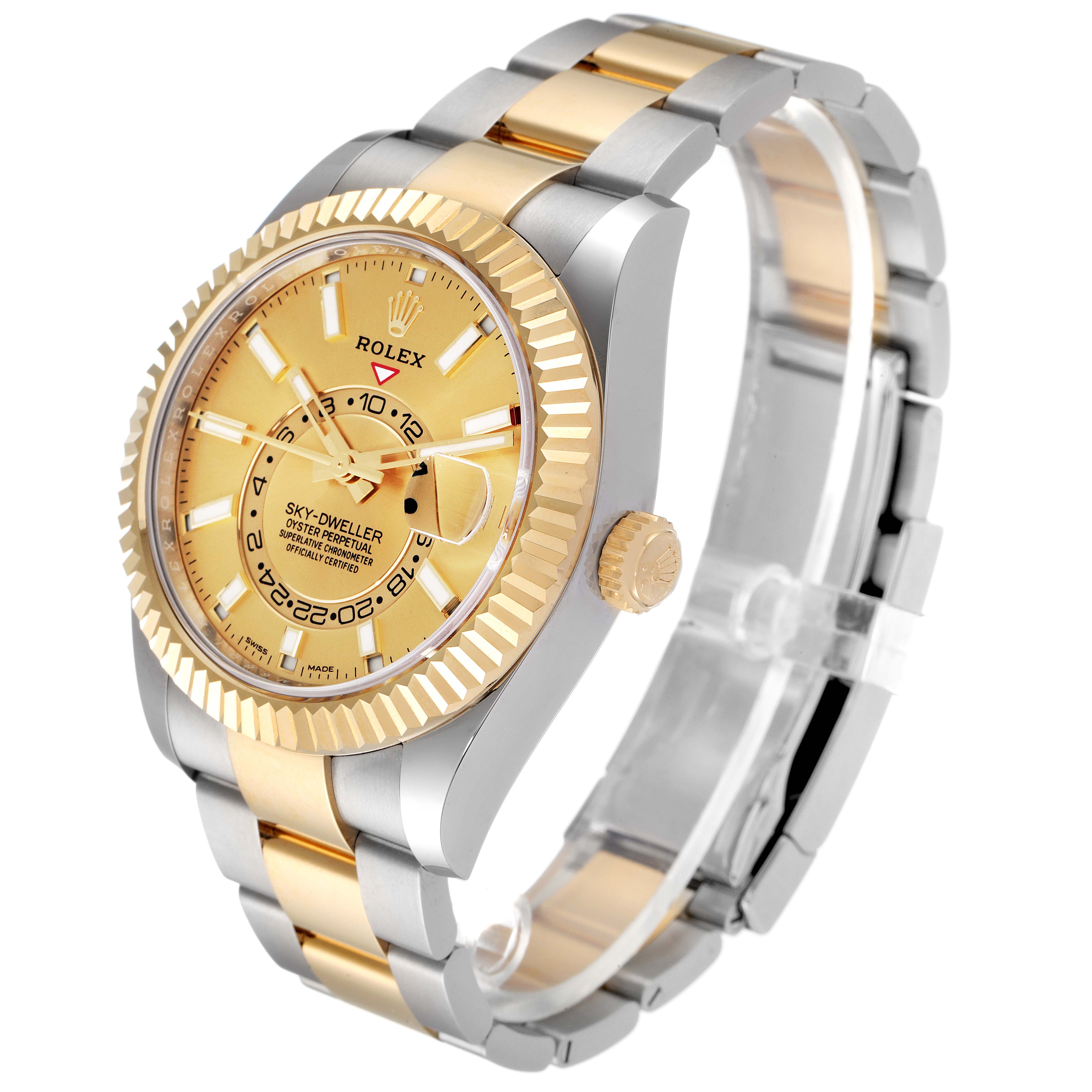 This image shows a side and front angle of a Rolex Sky-Dweller 326933 Men's Steel and Gold (two tone) Champagne Dial 326933 Men's Steel and Gold (two tone) Champagne Dial watch, displaying its dial, bezel, and bracelet.
