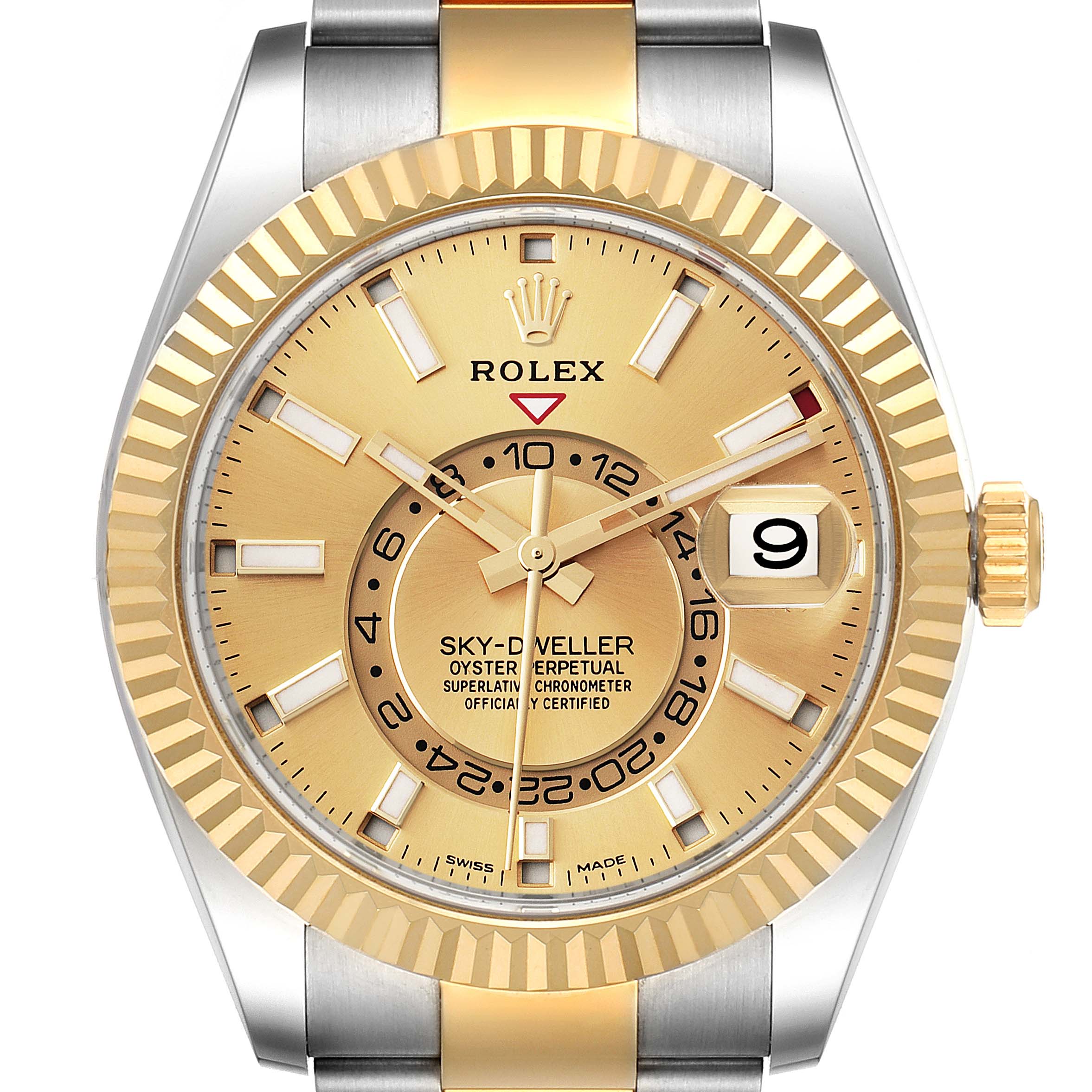 The image shows a front view of a Rolex Sky-Dweller 326933 Men's Steel and Gold (two tone) Champagne Dial 326933 Men's Steel and Gold (two tone) Champagne Dial watch, showcasing its gold and silver dial, fluted bezel, and date display.