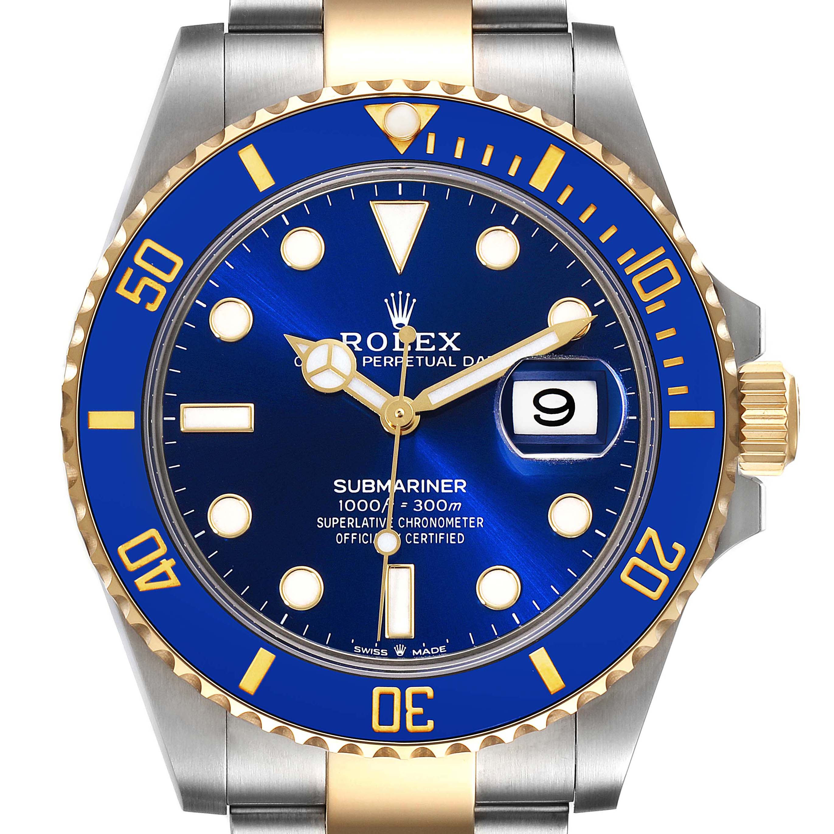 The image shows a frontal view of the Rolex Submariner 126613 Men's Steel and Gold (two tone) Blue Dial 126613 Men's Steel and Gold (two tone) Blue Dial watch, highlighting its blue dial, bezel, gold accents, and date window.