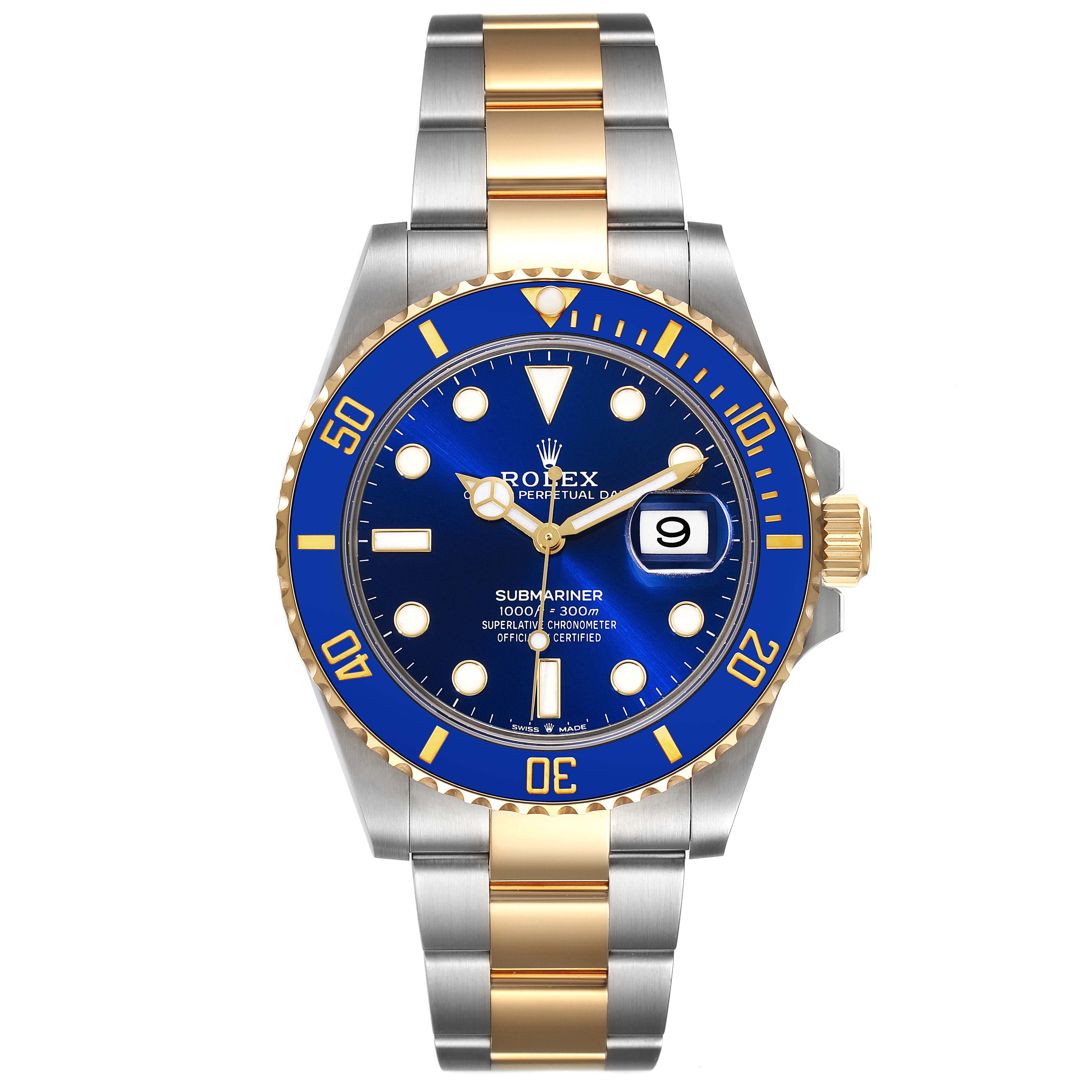 This image shows a front view of a Rolex Submariner 126613 Men's Steel and Gold (two tone) Blue Dial 126613 Men's Steel and Gold (two tone) Blue Dial watch, highlighting its bezel, dial, and two-tone bracelet.