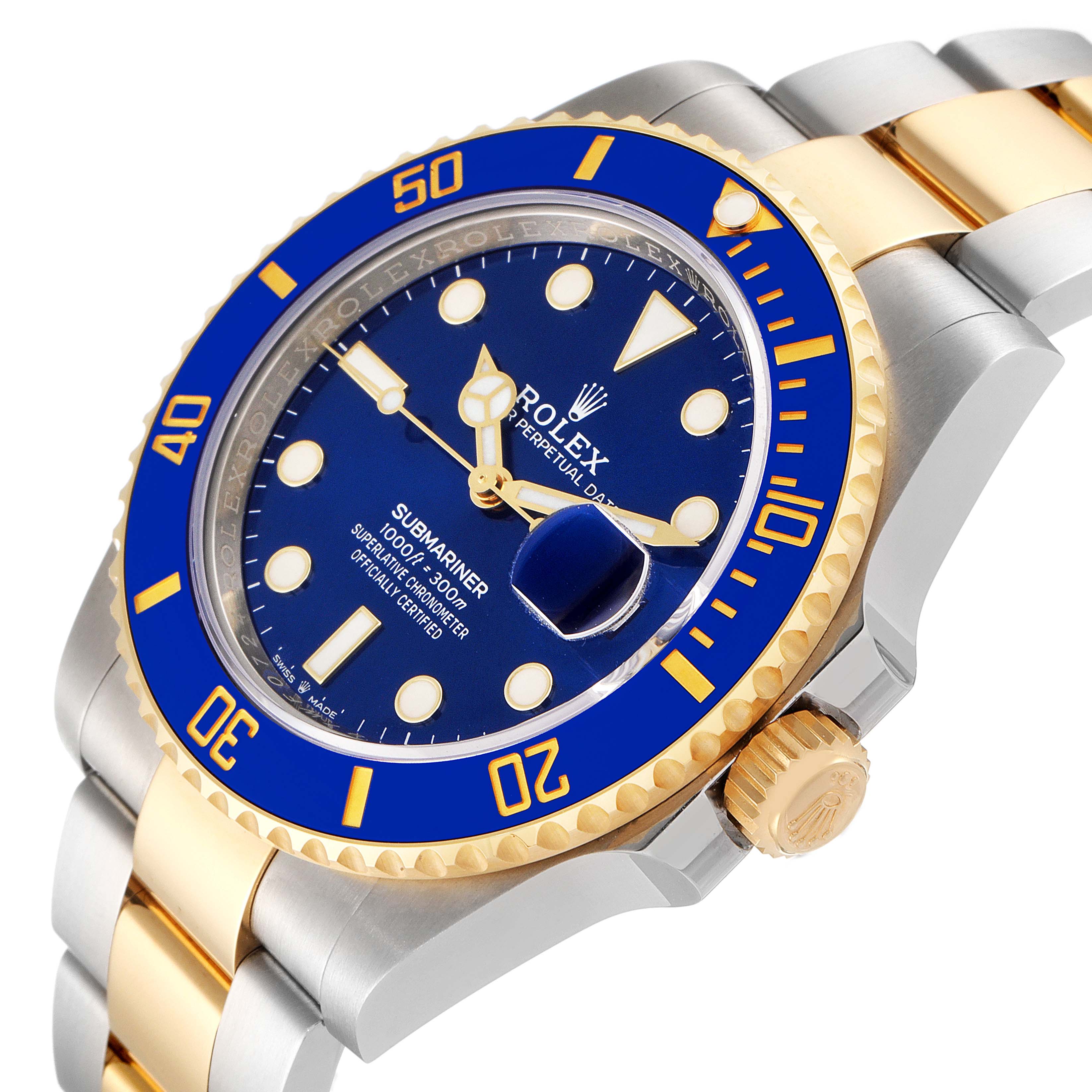 The image shows a close-up angled view of the Rolex Submariner 126613 Men's Steel and Gold (two tone) Blue Dial 126613 Men's Steel and Gold (two tone) Blue Dial watch, highlighting its gold and blue bezel, dial, and bracelet.