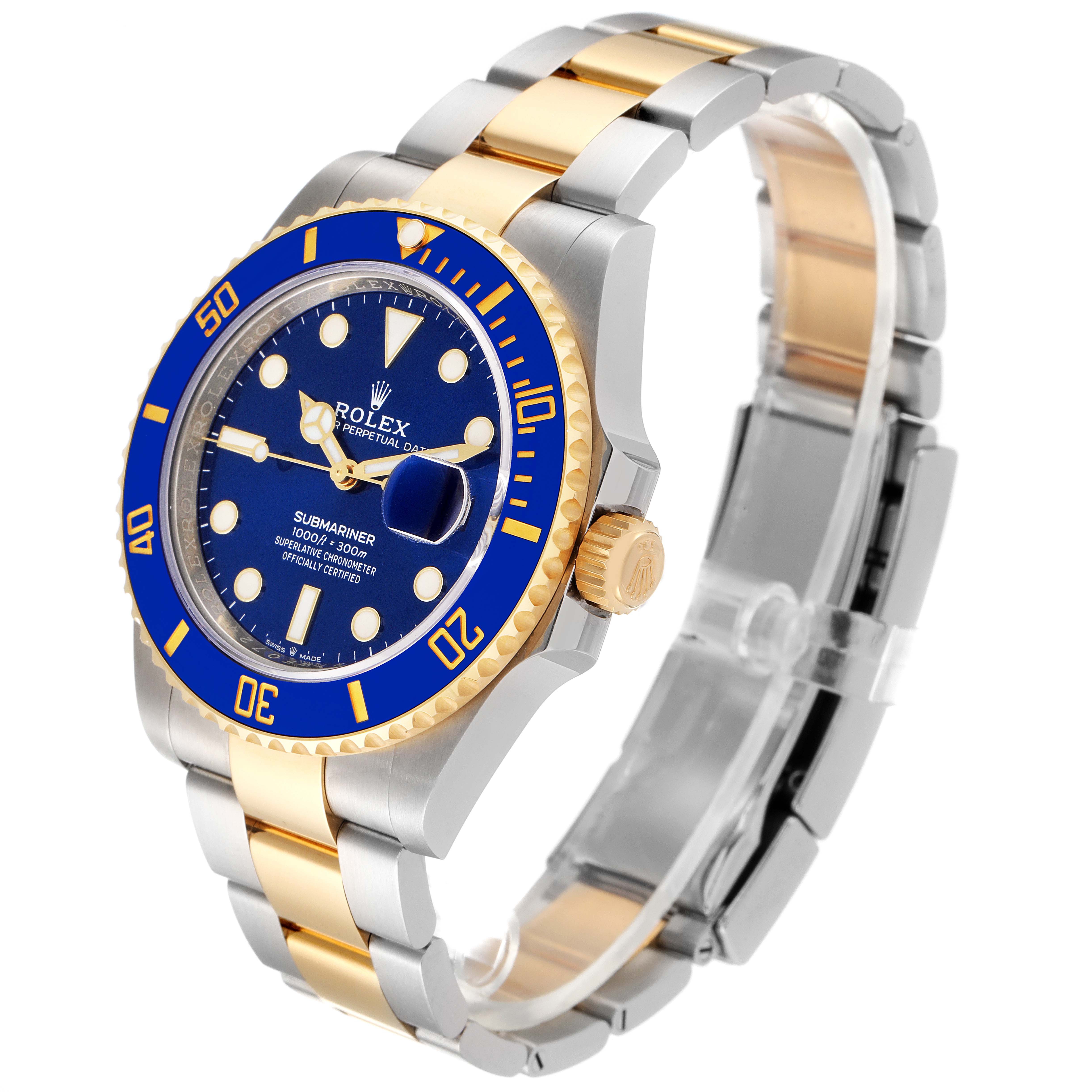 This image shows a Rolex Submariner 126613 Men's Steel and Gold (two tone) Blue Dial 126613 Men's Steel and Gold (two tone) Blue Dial watch at a three-quarter angle highlighting the blue dial, bezel, two-tone bracelet, and crown.