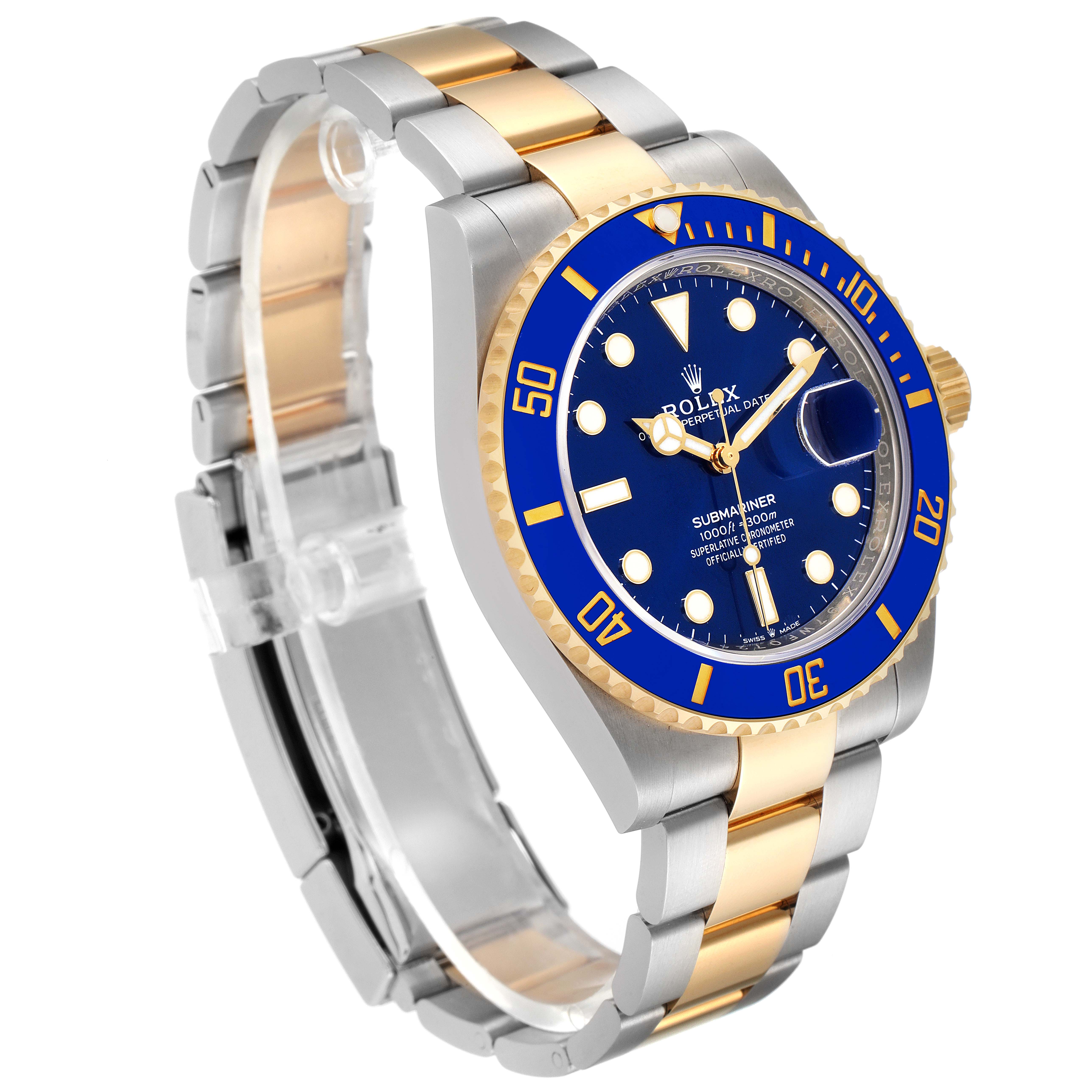 This image features a Rolex Submariner 126613 Men's Steel and Gold (two tone) Blue Dial 126613 Men's Steel and Gold (two tone) Blue Dial watch, showcasing the face, bezel, and bracelet at an angled view.