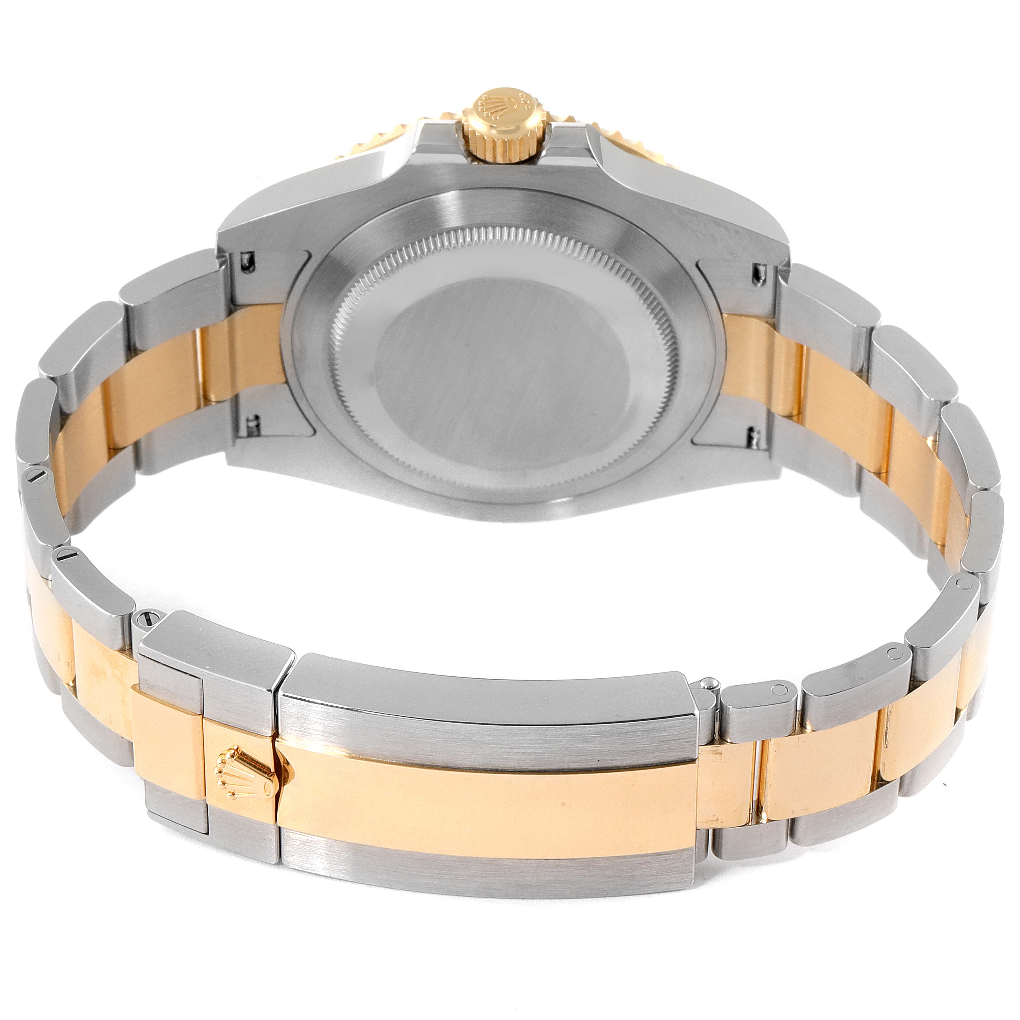 The image shows the back view of a Rolex Submariner 126613 Men's Steel and Gold (two tone) Blue Dial 126613 Men's Steel and Gold (two tone) Blue Dial watch, highlighting its bracelet and closed case back.