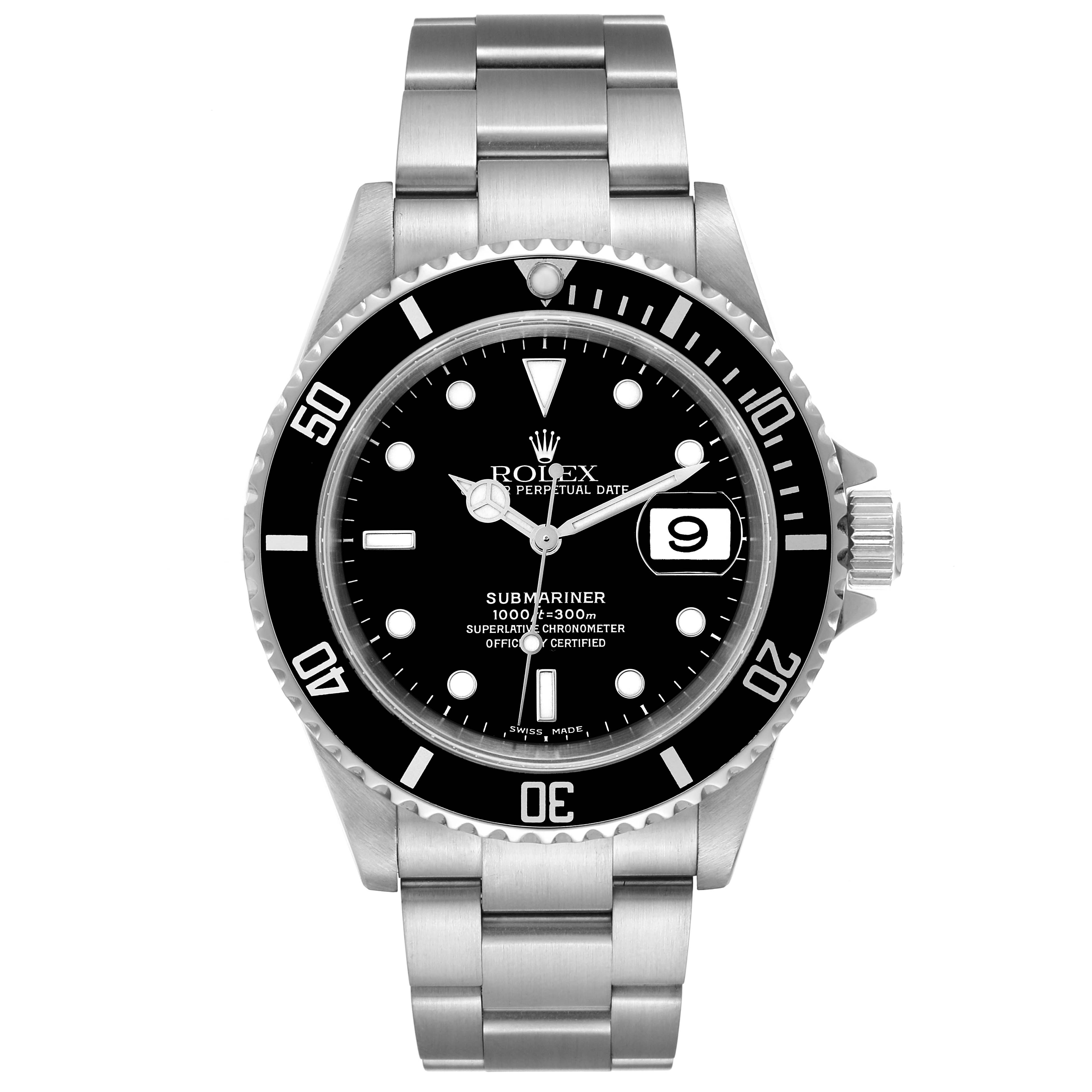 The image shows a front view of the Rolex Submariner 16610T Men
s Stainless Steel Black Dial 16610T Men
s Stainless Steel Black Dial watch, including the bezel, face, date window, and bracelet.