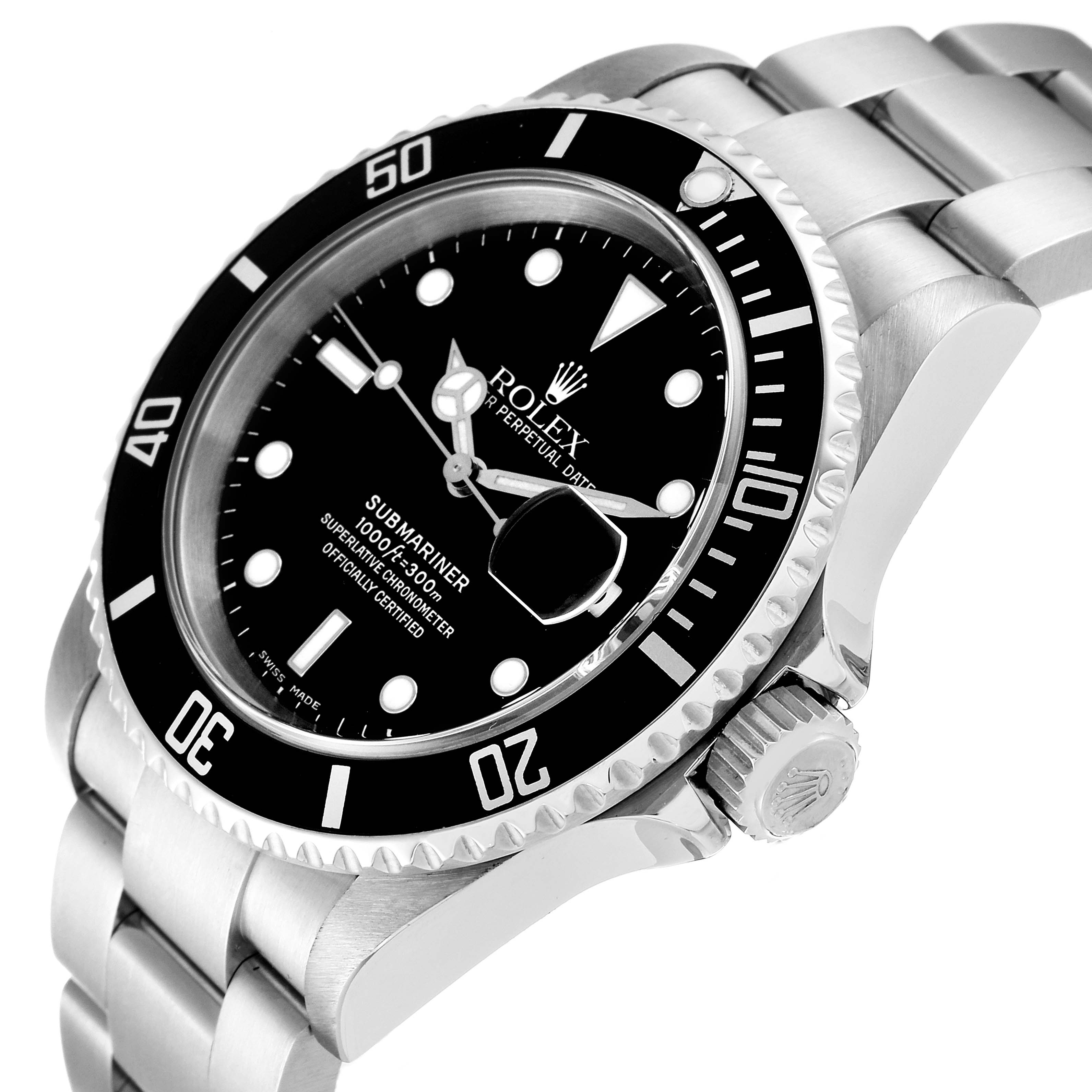 The image shows a Rolex Submariner 16610T Men
s Stainless Steel Black Dial 16610T Men
s Stainless Steel Black Dial watch at a tilted angle, displaying the dial, bezel, crown, and part of the bracelet.