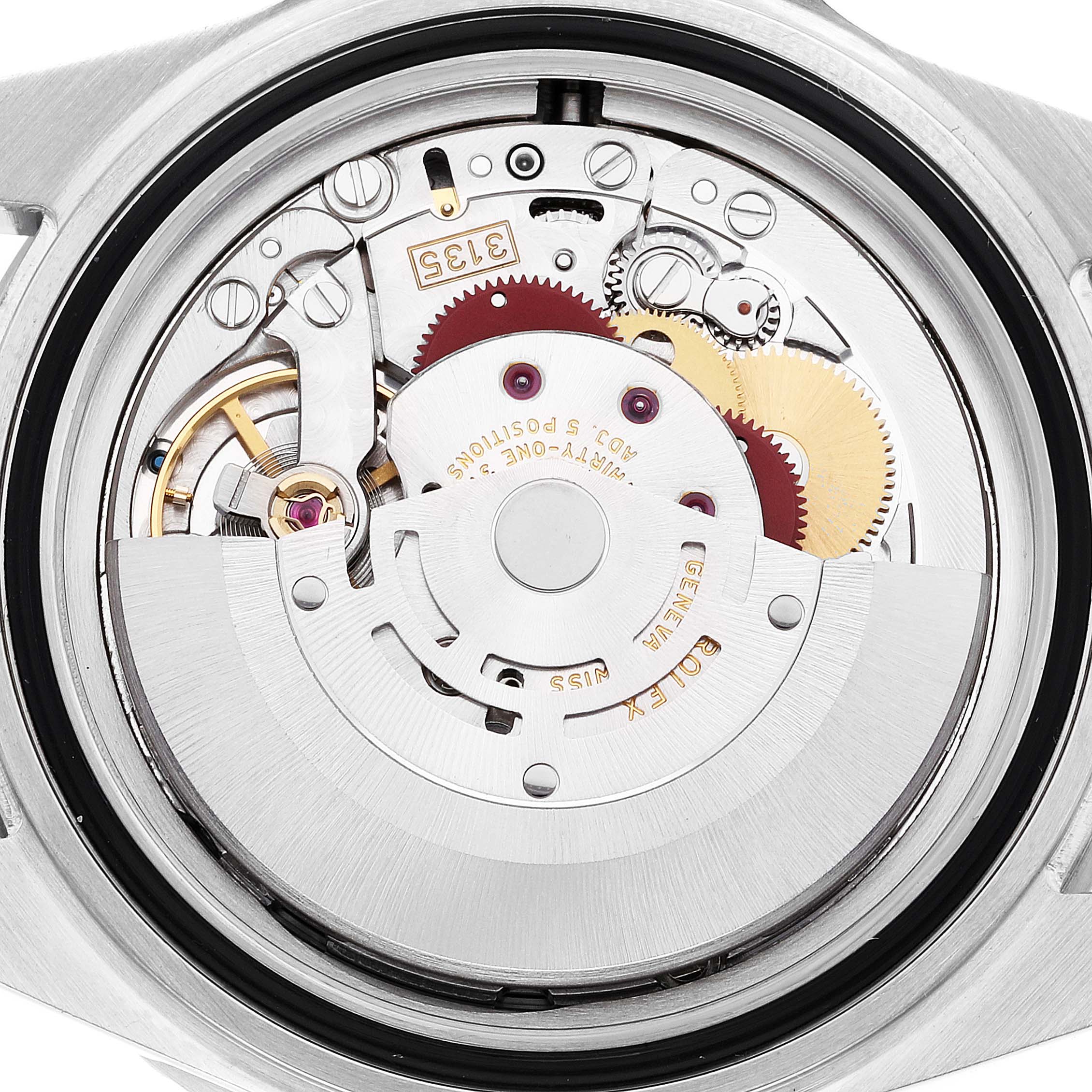 The image shows the internal mechanical movement of the Rolex Submariner 16610T Men
s Stainless Steel Black Dial 16610T Men
s Stainless Steel Black Dial watch viewed from the back.