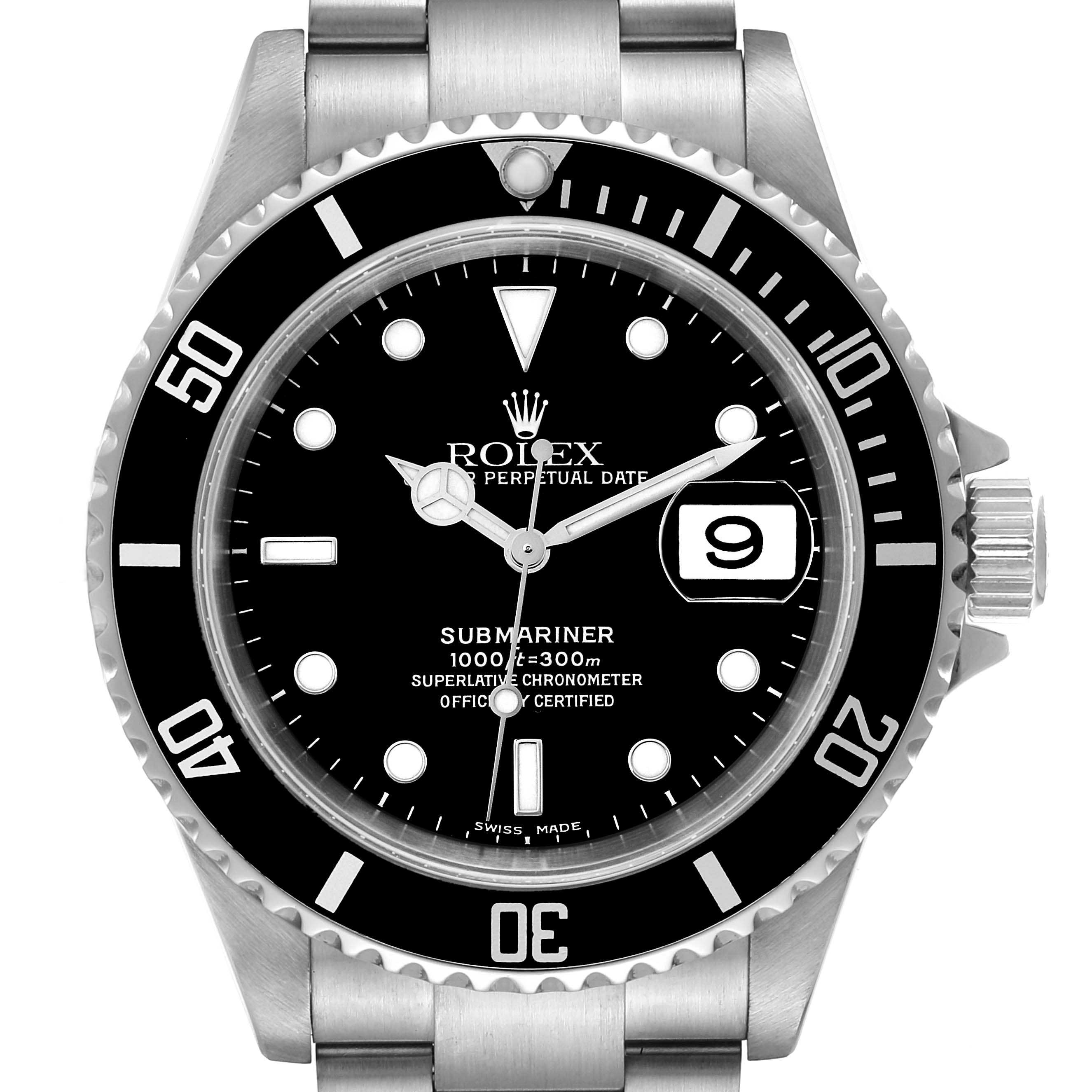 The image shows a front view of the Rolex Submariner 16610T Men
s Stainless Steel Black Dial 16610T Men
s Stainless Steel Black Dial watch displaying its face, bezel, and part of the bracelet.