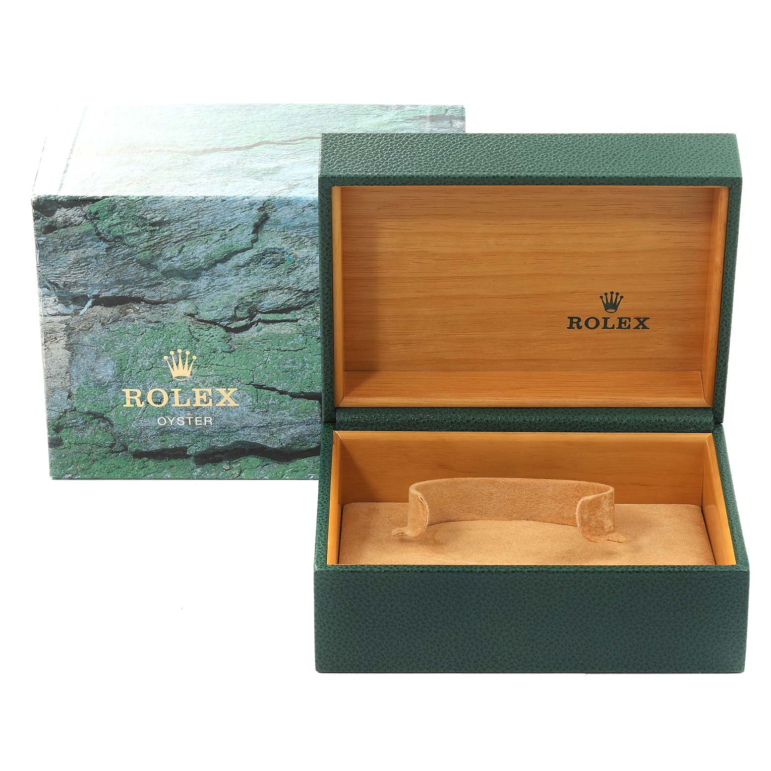 The image shows an empty Rolex Submariner 16610T Men
s Stainless Steel Black Dial 16610T Men
s Stainless Steel Black Dial watch box with an open lid, revealing the interior and outer packaging.