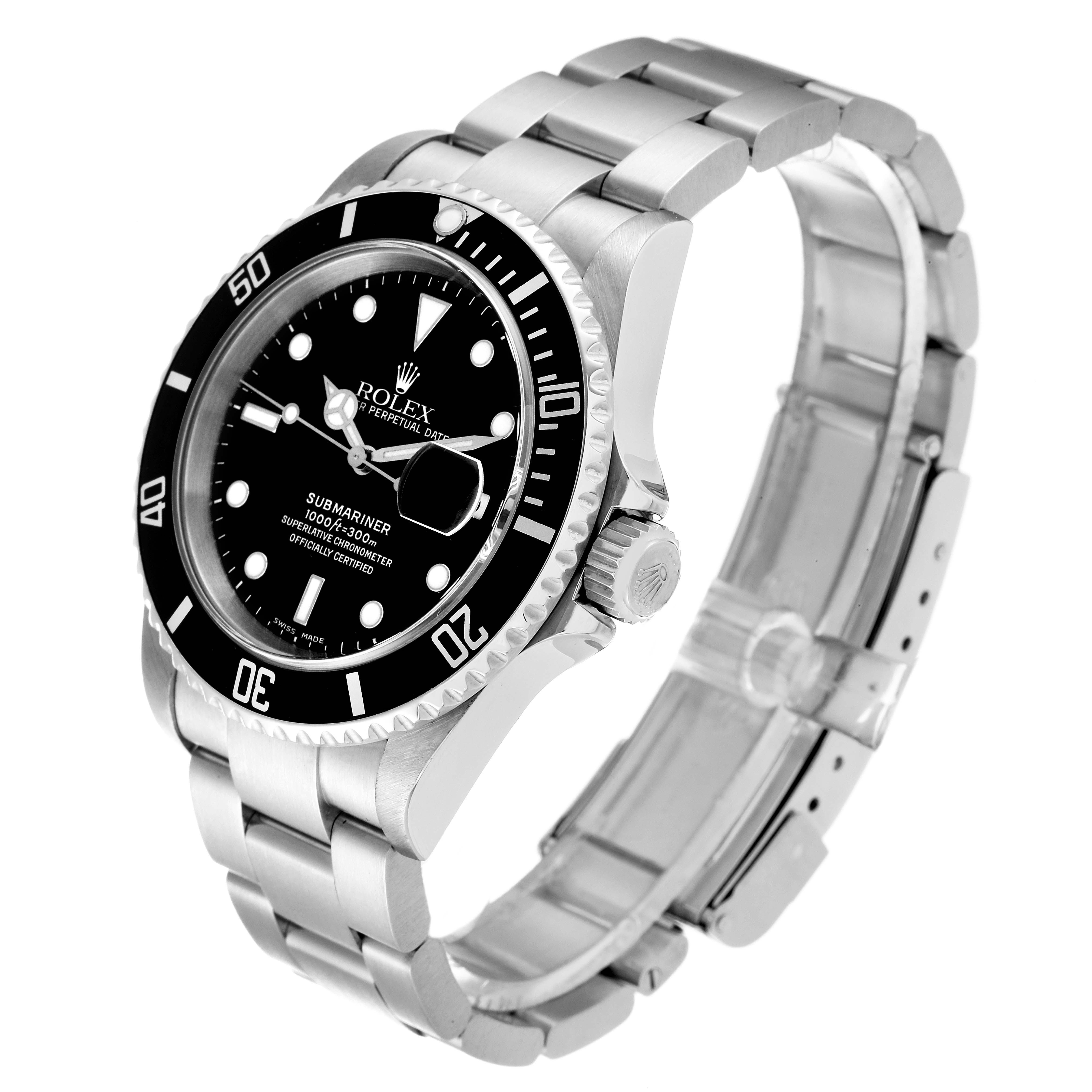 The image shows a Rolex Submariner 16610T Men
s Stainless Steel Black Dial 16610T Men
s Stainless Steel Black Dial watch at a three-quarter angle, displaying the dial, bezel, and bracelet.