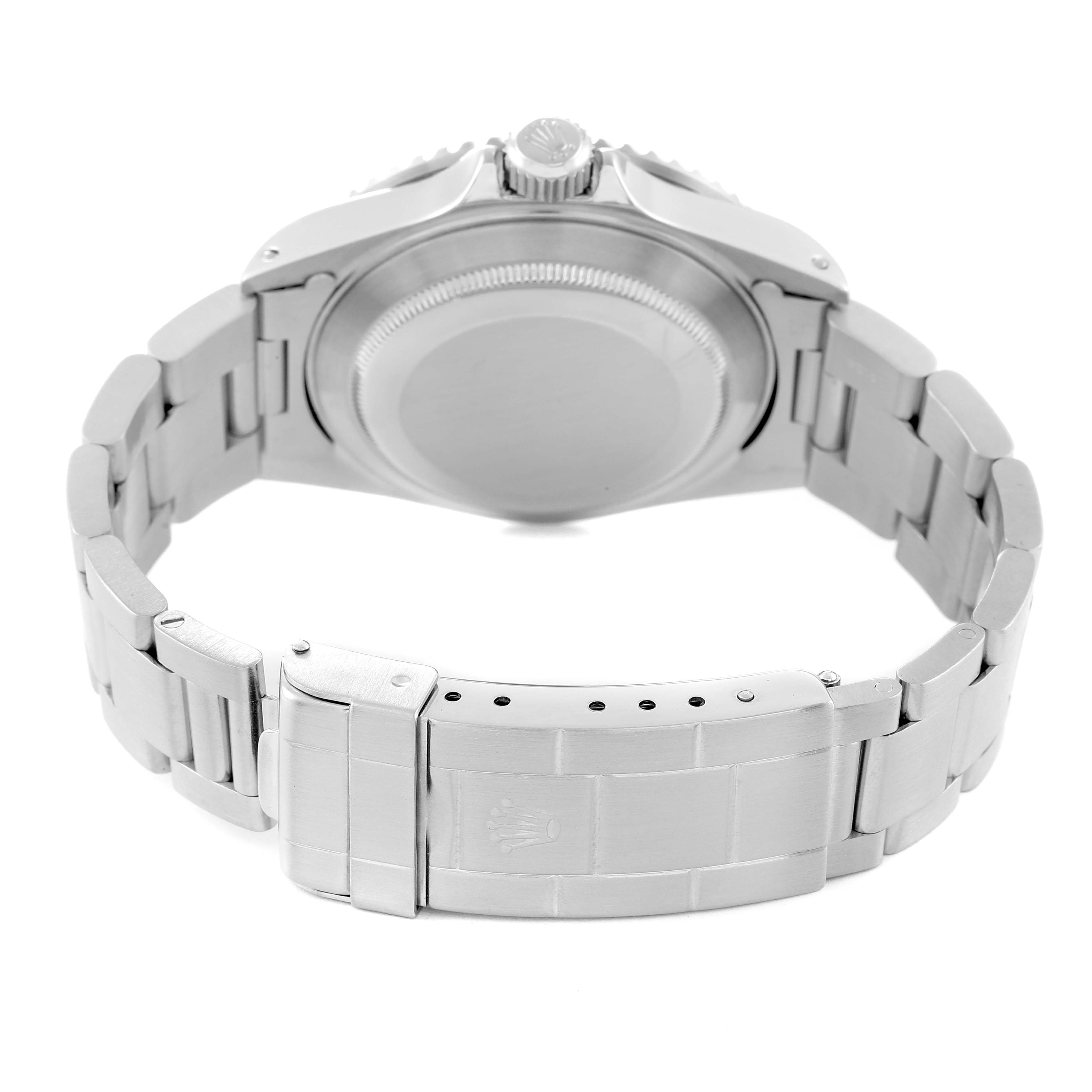 This image shows the backside and clasp of a Rolex Submariner 16610 Men
s Stainless Steel Black Dial 16610 Men
s Stainless Steel Black Dial, highlighting its bracelet and case back.