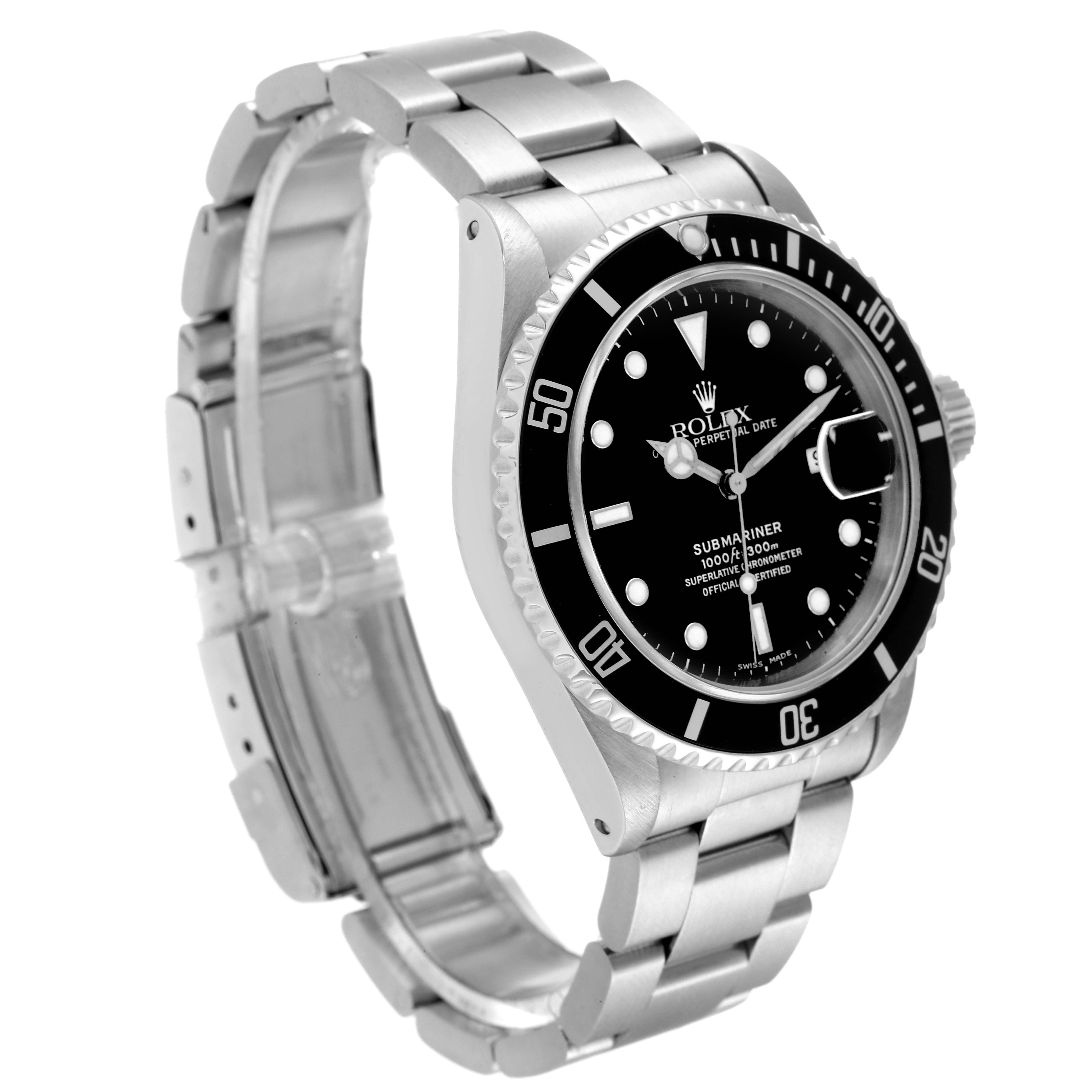 This image shows a side-angle view of a Rolex Submariner 16610 Men
s Stainless Steel Black Dial 16610 Men
s Stainless Steel Black Dial watch, highlighting its face, bezel, and stainless steel bracelet.