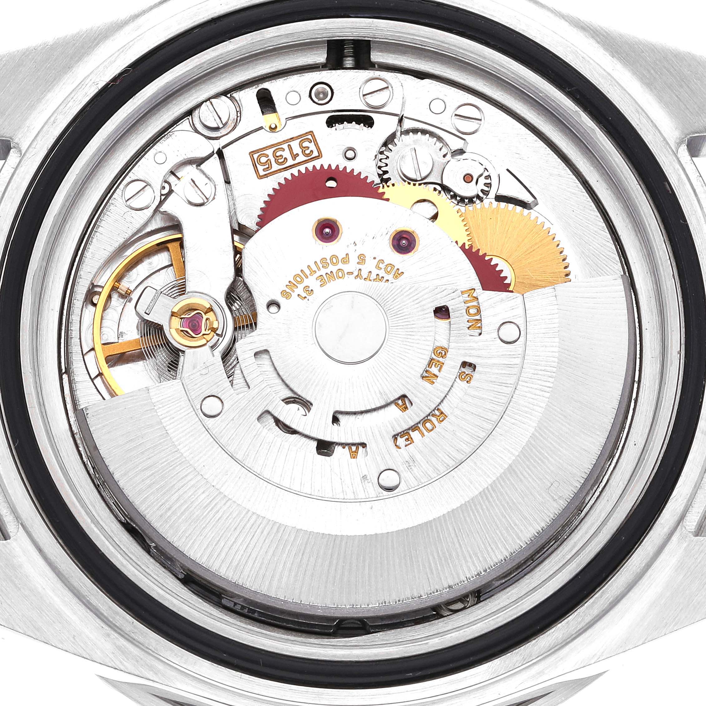 The image shows the back view of the Rolex Submariner 16610 Men
s Stainless Steel Black Dial 16610 Men
s Stainless Steel Black Dial watch, focusing on its intricate mechanical movement.