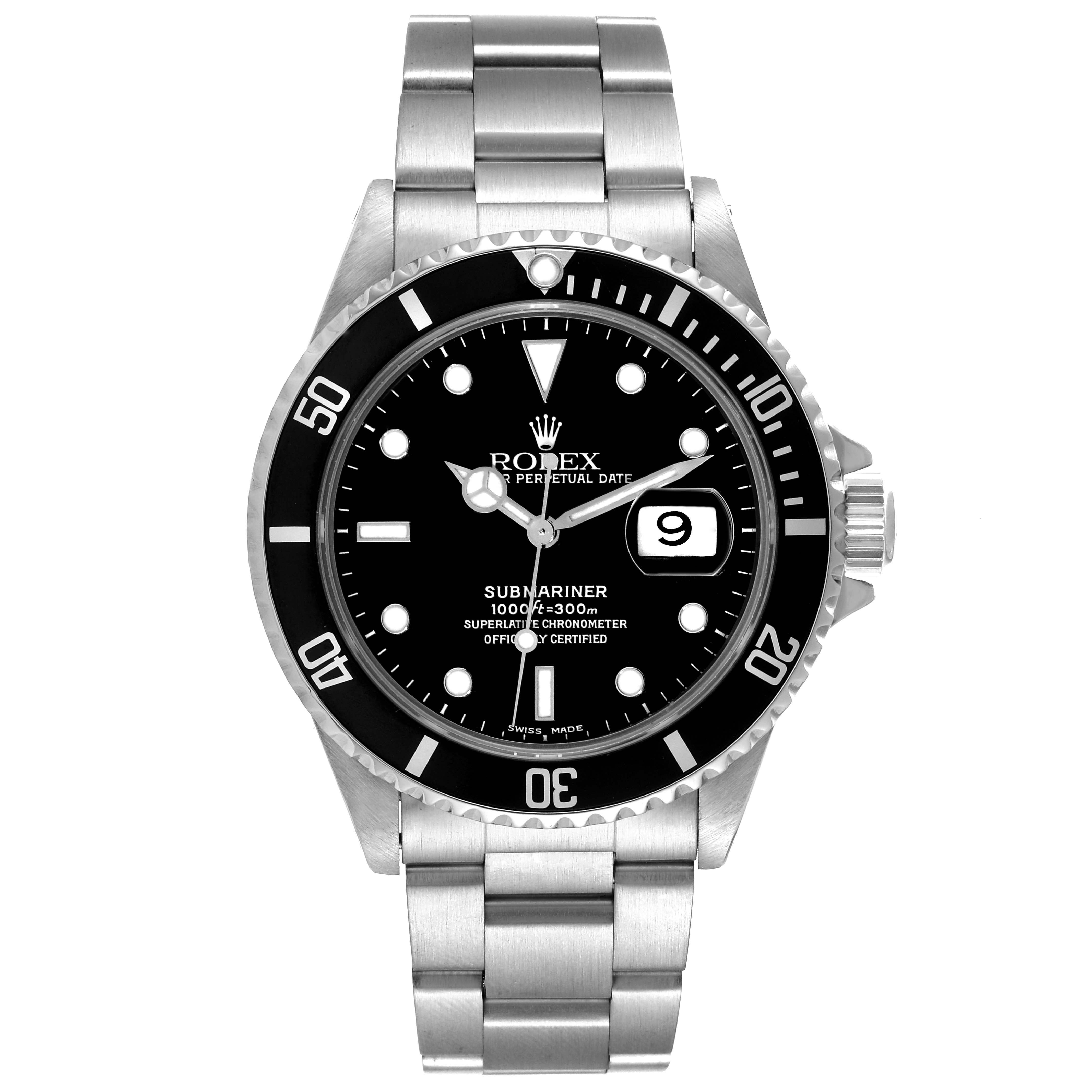 The image shows a front view of a Rolex Submariner 16610 Men
s Stainless Steel Black Dial 16610 Men
s Stainless Steel Black Dial watch, highlighting the dial, bezel, date window, and metal bracelet.