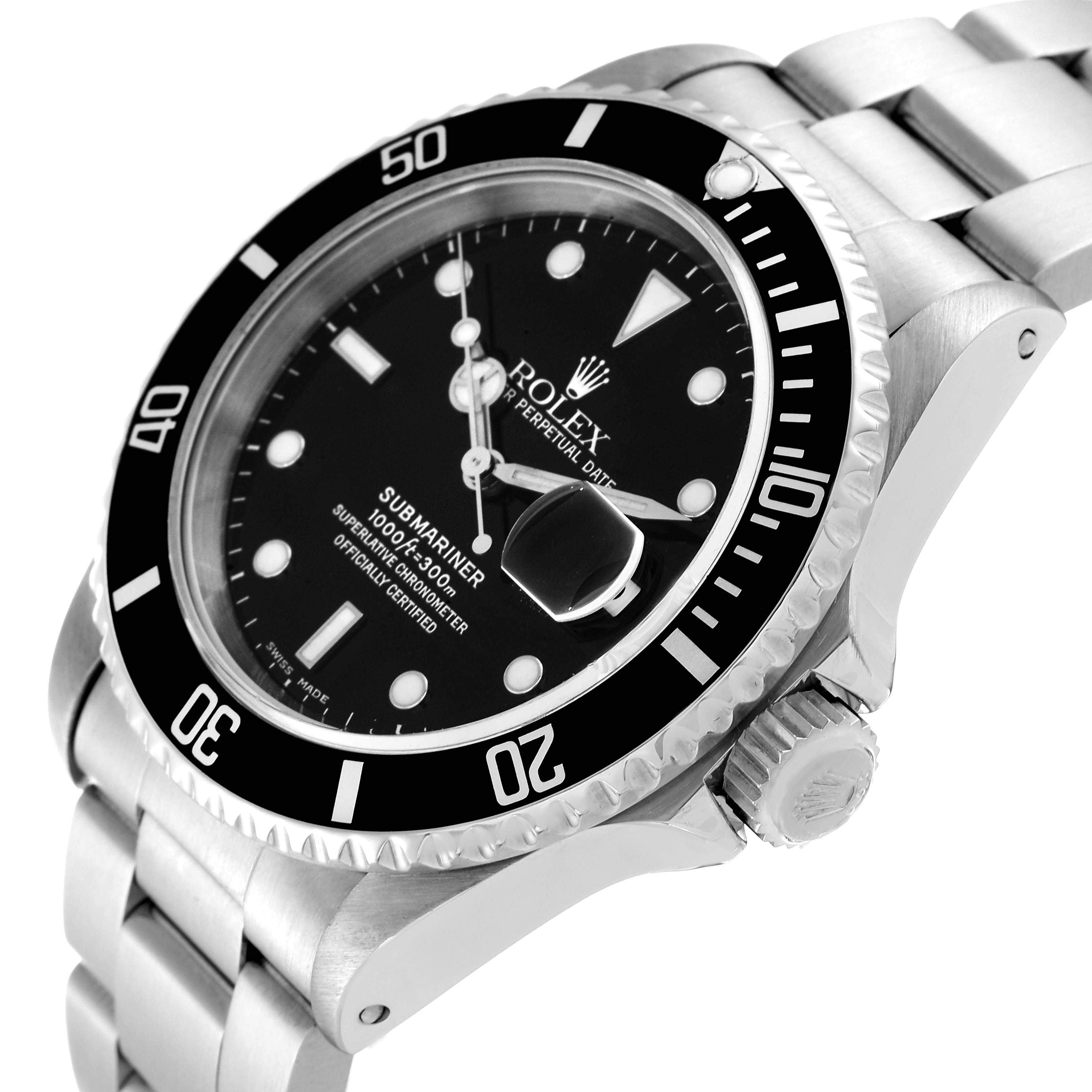 The image shows a side and angled front view of a Rolex Submariner 16610 Men
s Stainless Steel Black Dial 16610 Men
s Stainless Steel Black Dial watch, highlighting its bezel, crown, and bracelet.
