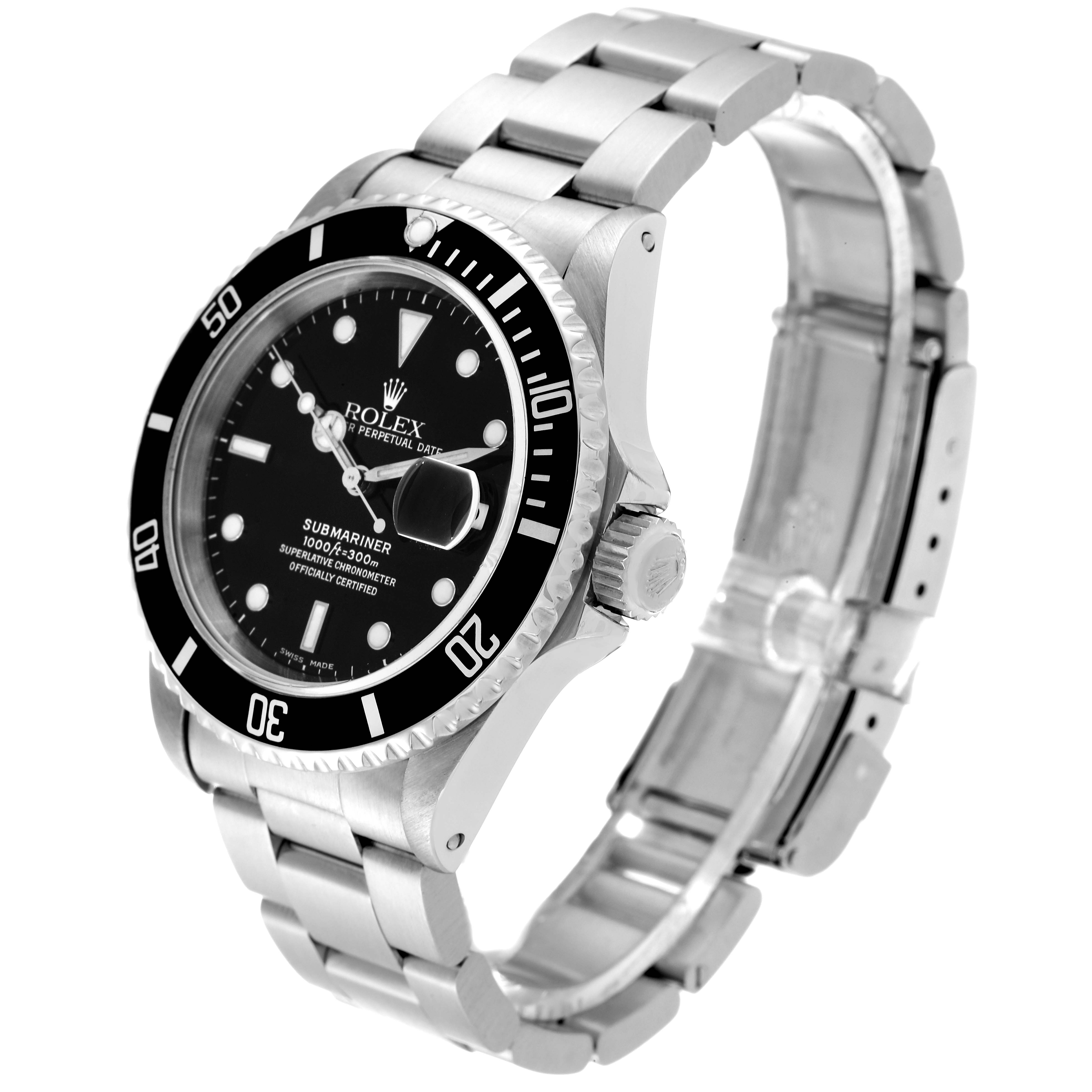 The image shows a Rolex Submariner 16610 Men
s Stainless Steel Black Dial 16610 Men
s Stainless Steel Black Dial watch at an angle highlighting the face, bezel, crown, and bracelet.