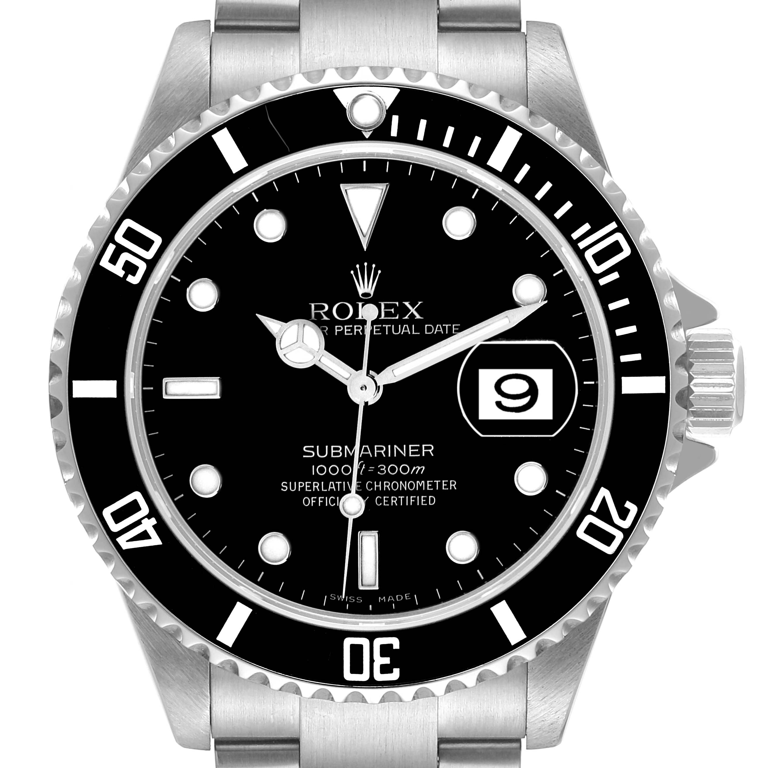 A frontal view of the Rolex Submariner 16610 Men's Stainless Steel Black Dial 16610 Men's Stainless Steel Black Dial watch shows its black dial, date window, and rotating bezel.