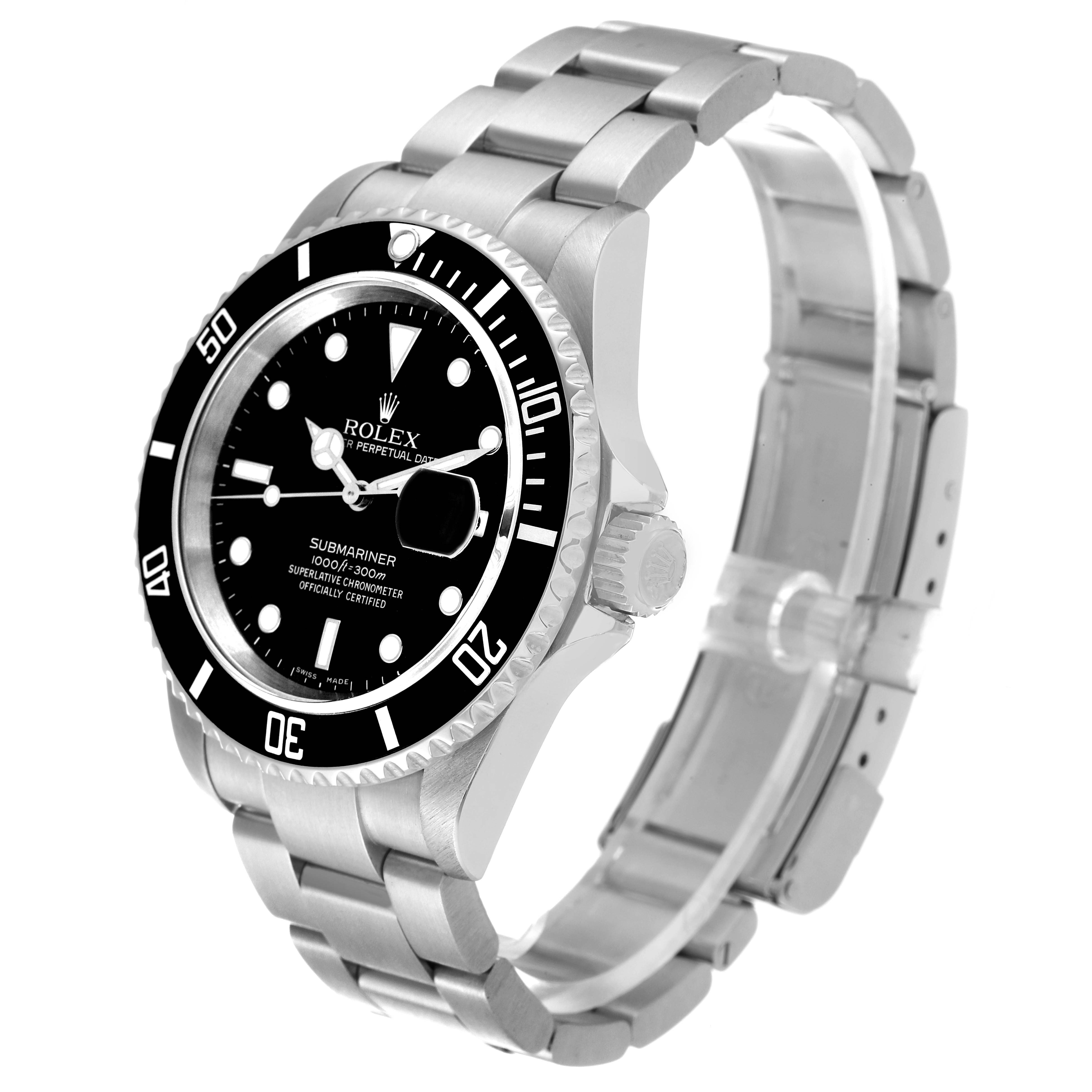 This image shows a Rolex Submariner 16610 Men's Stainless Steel Black Dial 16610 Men's Stainless Steel Black Dial watch at a slight angle, featuring the dial, bezel, crown, and bracelet.