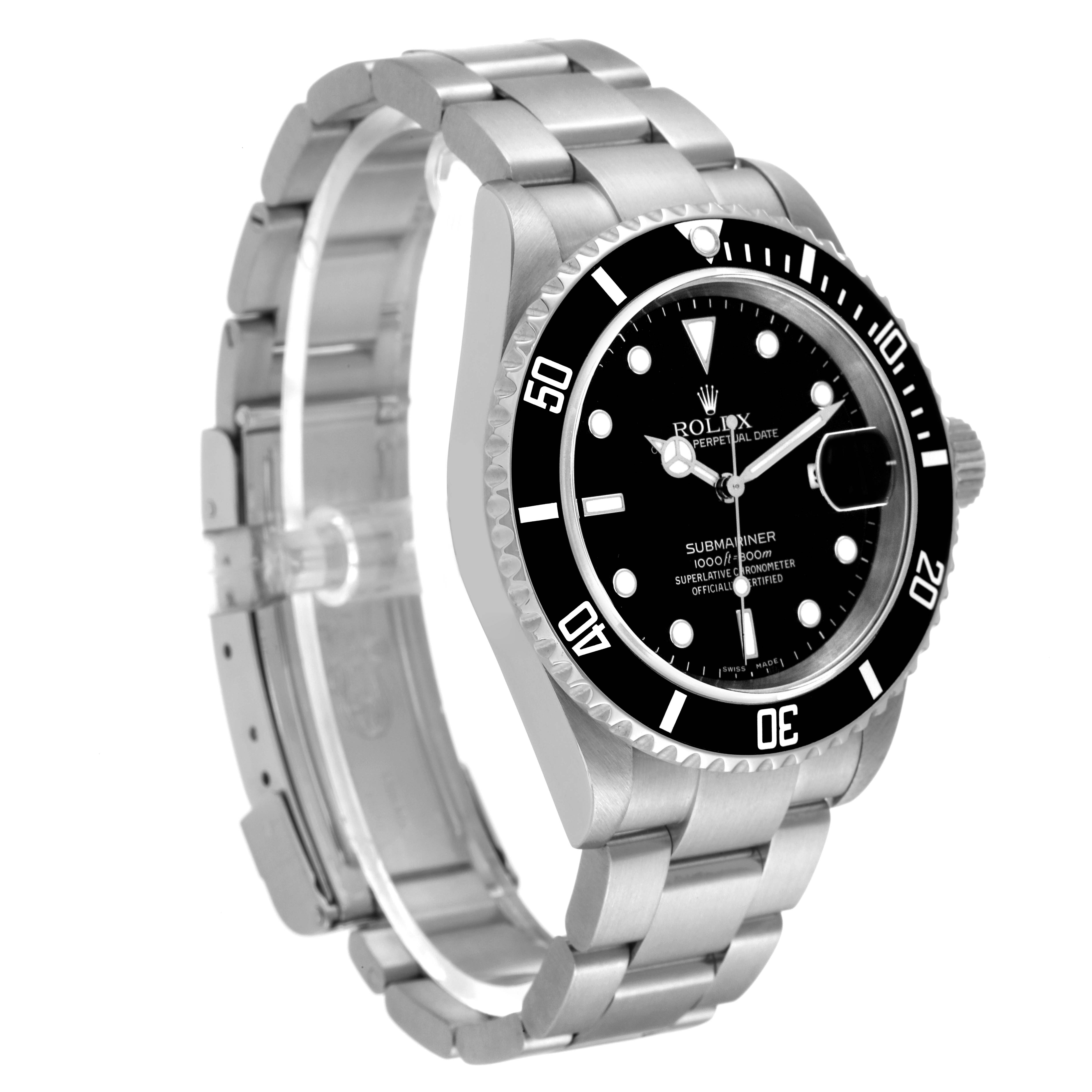 The image shows a Rolex Submariner 16610 Men's Stainless Steel Black Dial 16610 Men's Stainless Steel Black Dial watch from a front-right angle, highlighting the face, bezel, and bracelet.