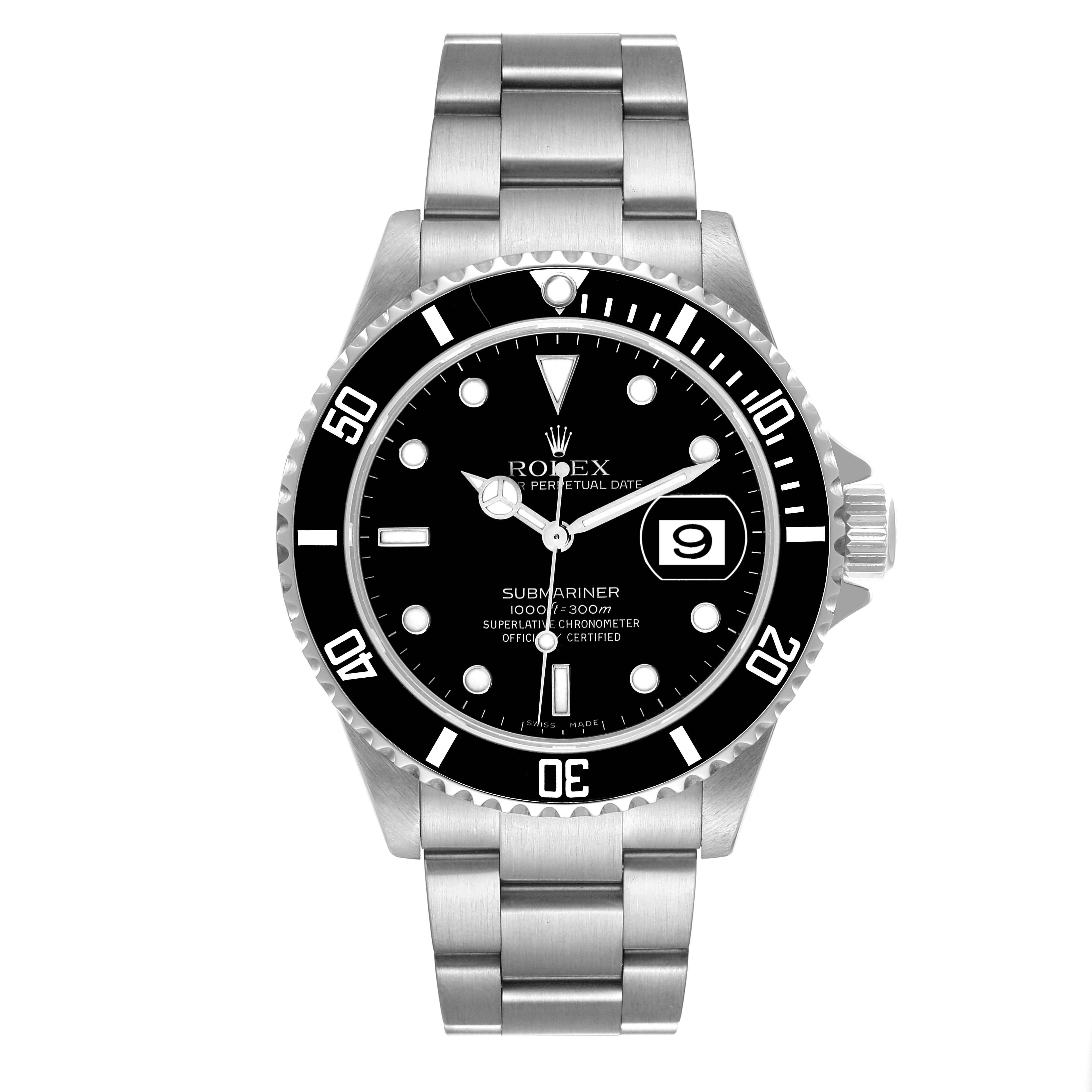 The image shows a Rolex Submariner 16610 Men's Stainless Steel Black Dial 16610 Men's Stainless Steel Black Dial watch from a frontal angle, highlighting its dial, bezel, and stainless steel bracelet.