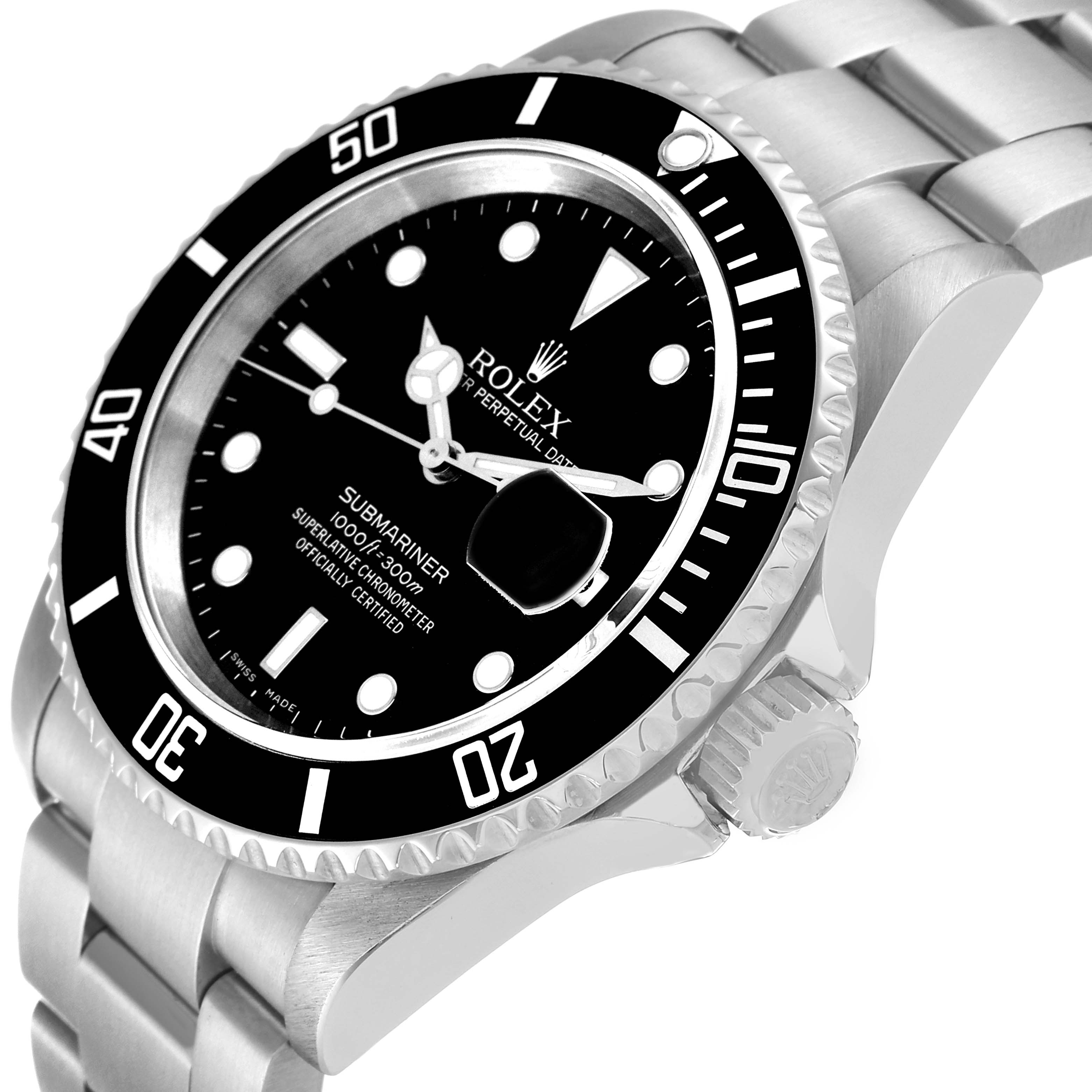 This image shows the face and part of the bracelet of a Rolex Submariner 16610 Men's Stainless Steel Black Dial 16610 Men's Stainless Steel Black Dial watch at an angled close-up shot.