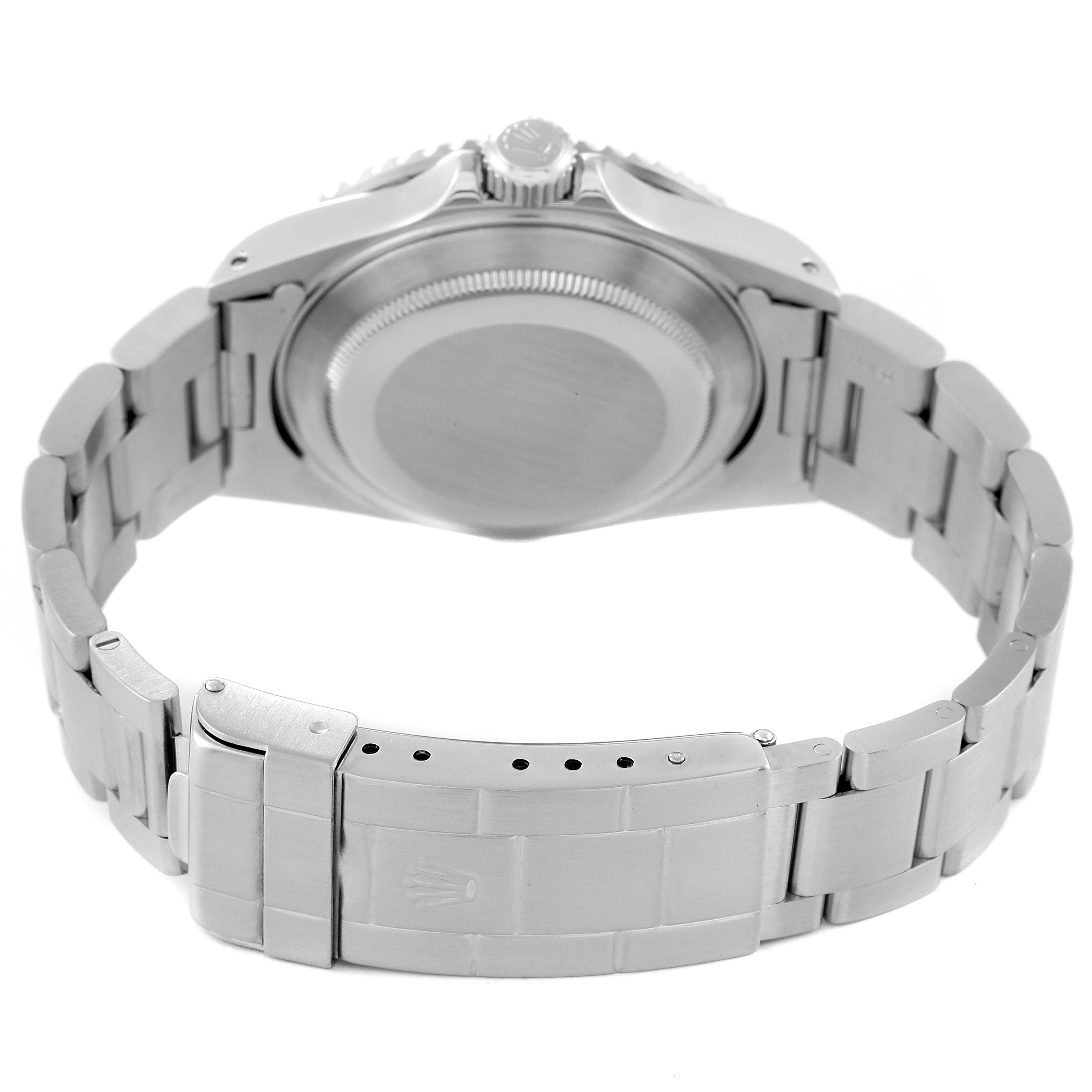 This is a rear view of the Rolex Submariner 16610 Men
s Stainless Steel Black Dial 16610 Men
s Stainless Steel Black Dial, showing the case back, crown, and metal bracelet with the clasp.