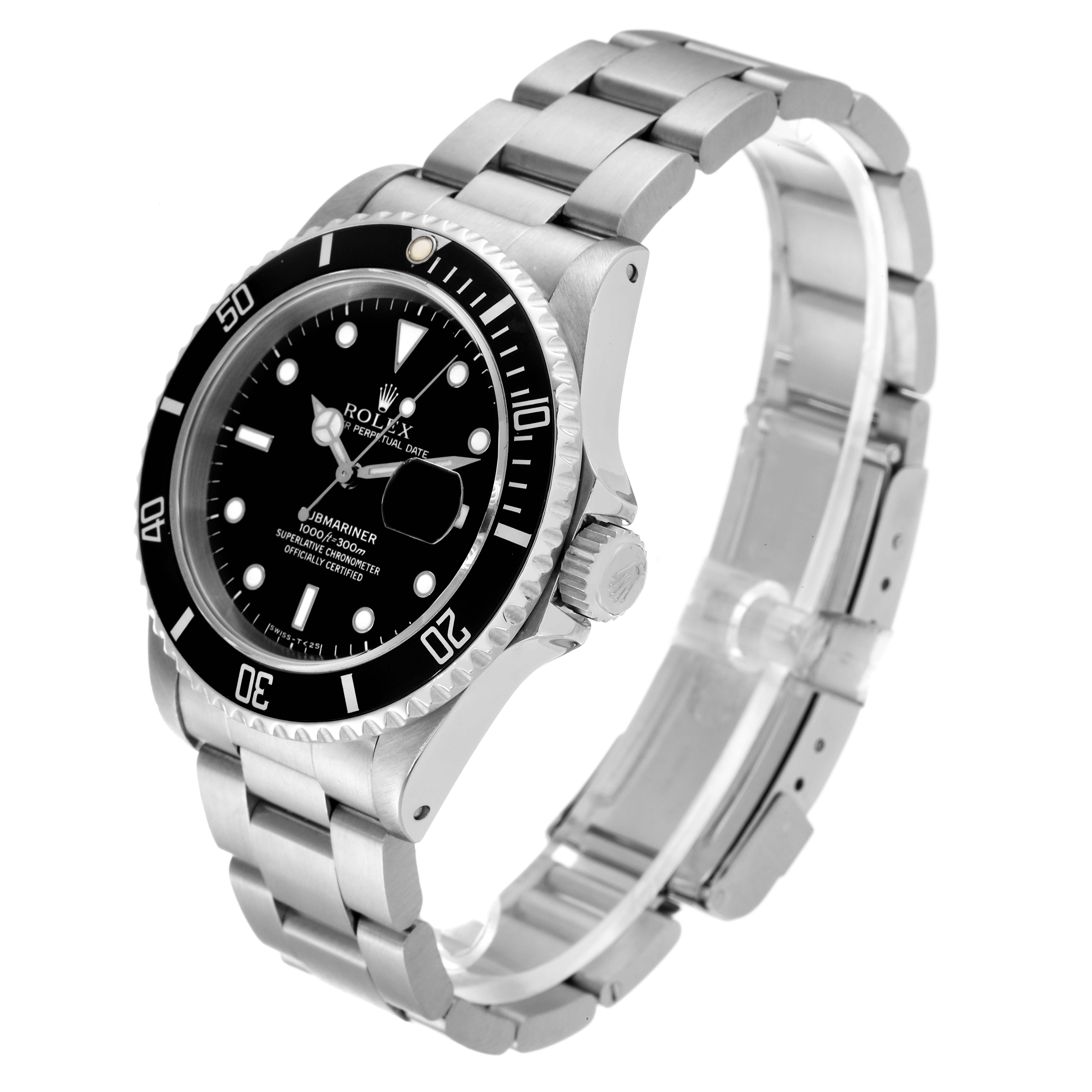 The image shows a Rolex Submariner 16610 Men
s Stainless Steel Black Dial 16610 Men
s Stainless Steel Black Dial watch angled from the front, displaying the face, bezel, crown, and part of the bracelet.