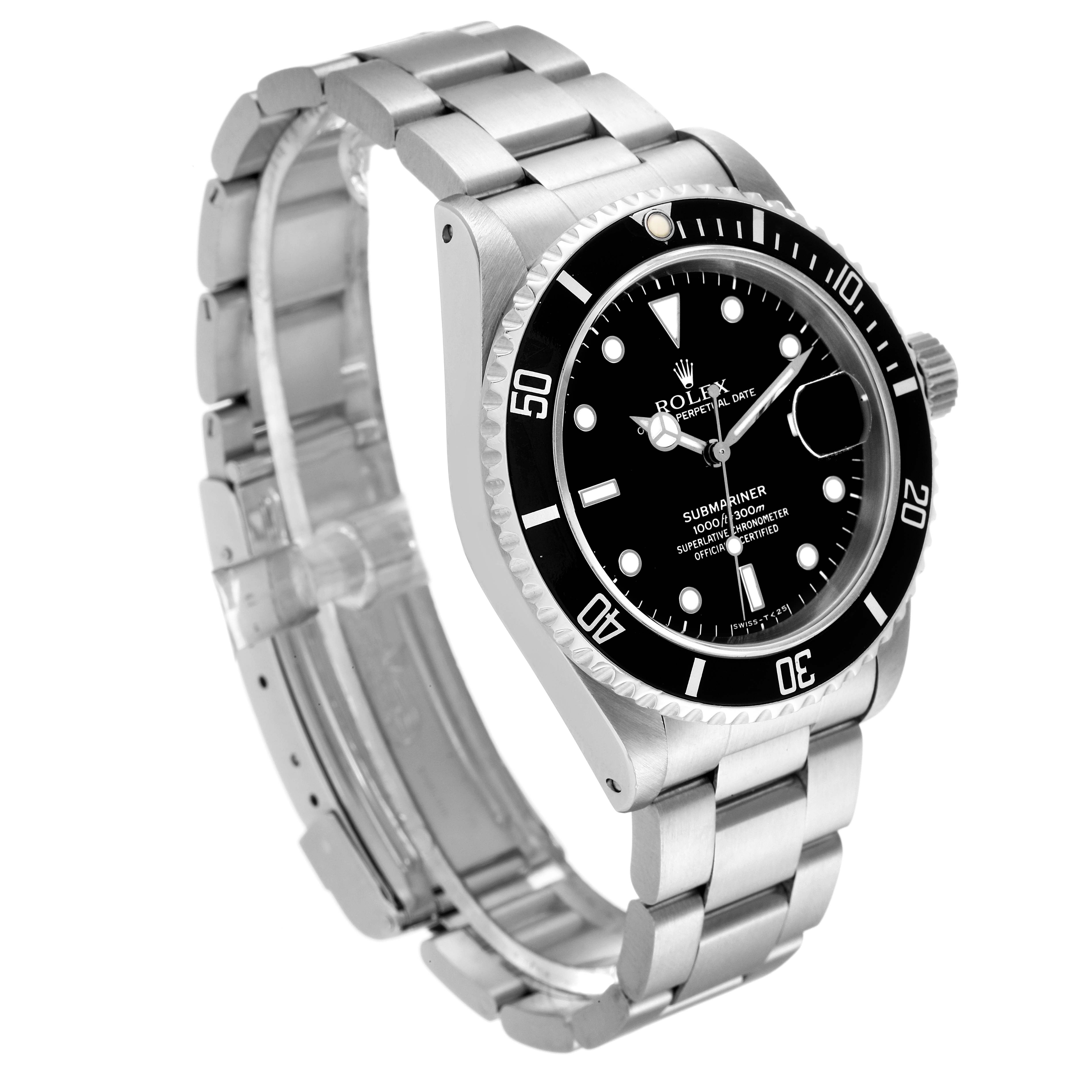 This image shows a Rolex Submariner 16610 Men
s Stainless Steel Black Dial 16610 Men
s Stainless Steel Black Dial watch angled slightly to the left, displaying its face, bezel, and stainless steel bracelet.