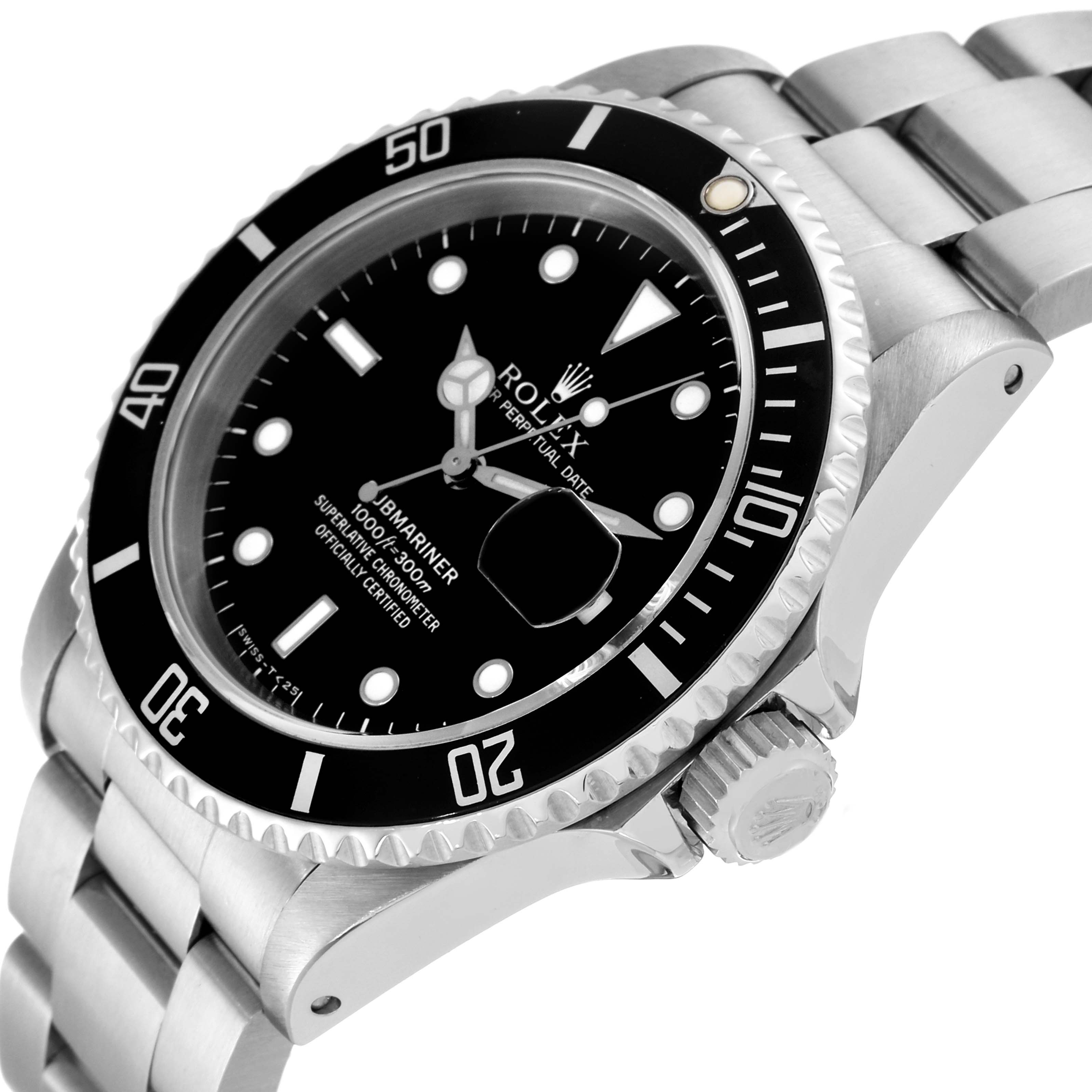 The image shows a close-up angle of a Rolex Submariner 16610 Men
s Stainless Steel Black Dial 16610 Men
s Stainless Steel Black Dial watch, highlighting the face, bezel, crown, and part of the bracelet.