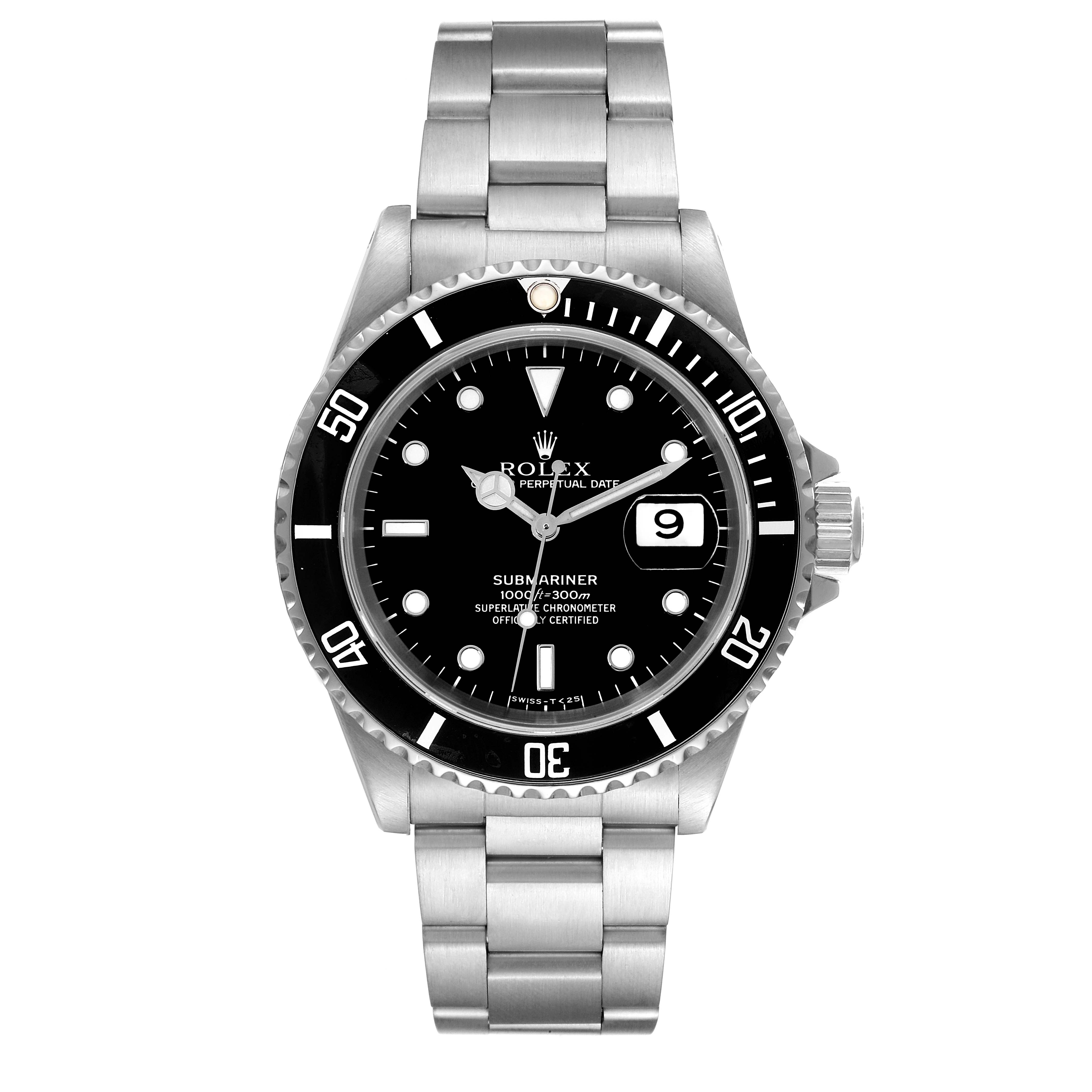 This is a front view of a Rolex Submariner 16610 Men
s Stainless Steel Black Dial 16610 Men
s Stainless Steel Black Dial watch showing the dial, bezel, bracelet, and crown.