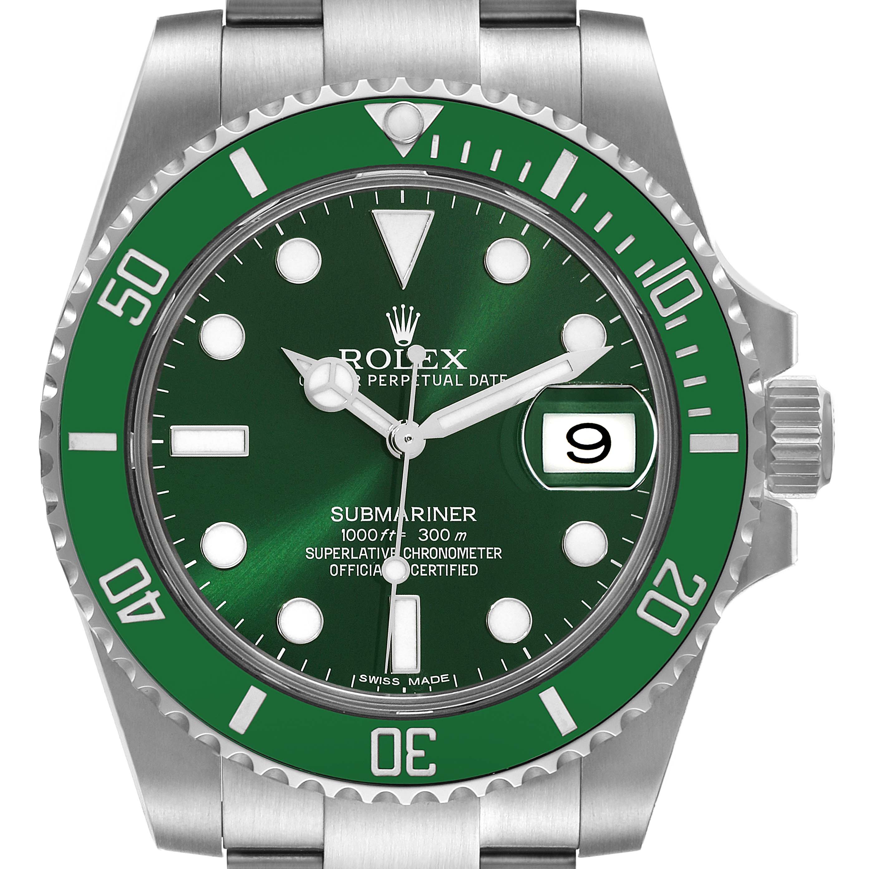 The image shows a front view of a Rolex Submariner 116610LV Men's Stainless Steel Green Dial 116610LV Men's Stainless Steel Green Dial watch with a green dial and bezel, showcasing the face, bezel, and part of the bracelet.
