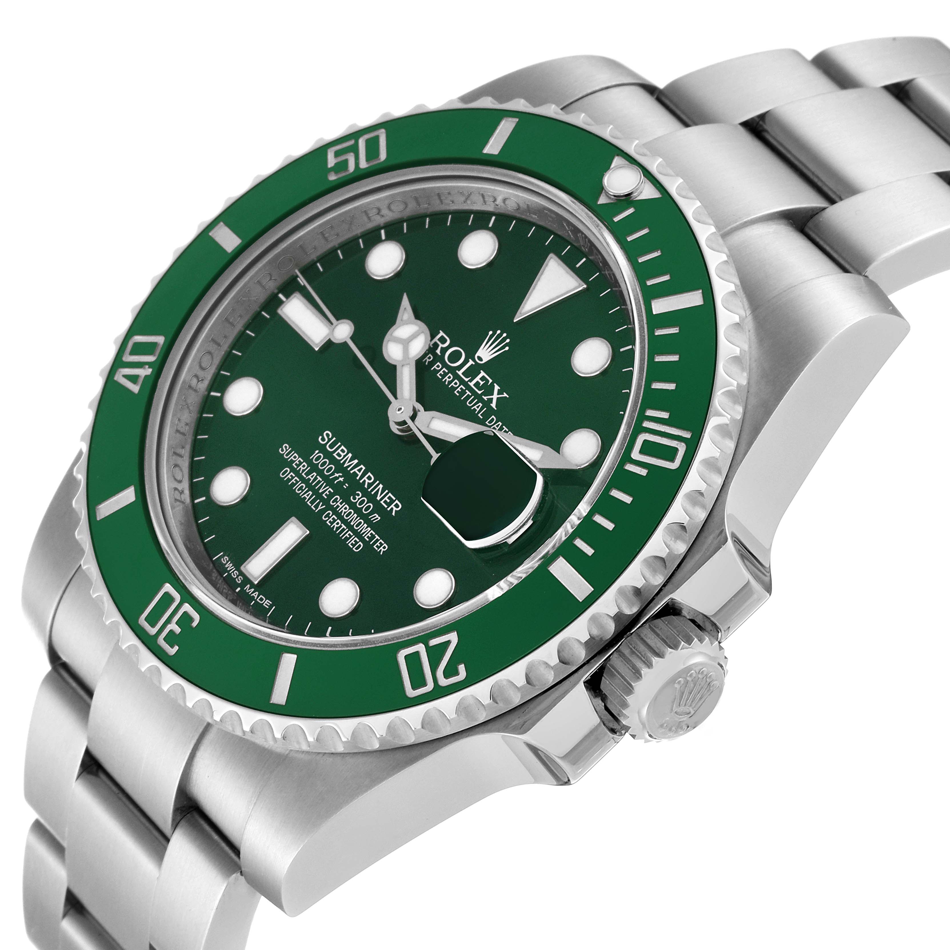 The image shows a Rolex Submariner 116610LV Men's Stainless Steel Green Dial 116610LV Men's Stainless Steel Green Dial from an angled side view, displaying the green bezel, crown, dial, and part of the bracelet.